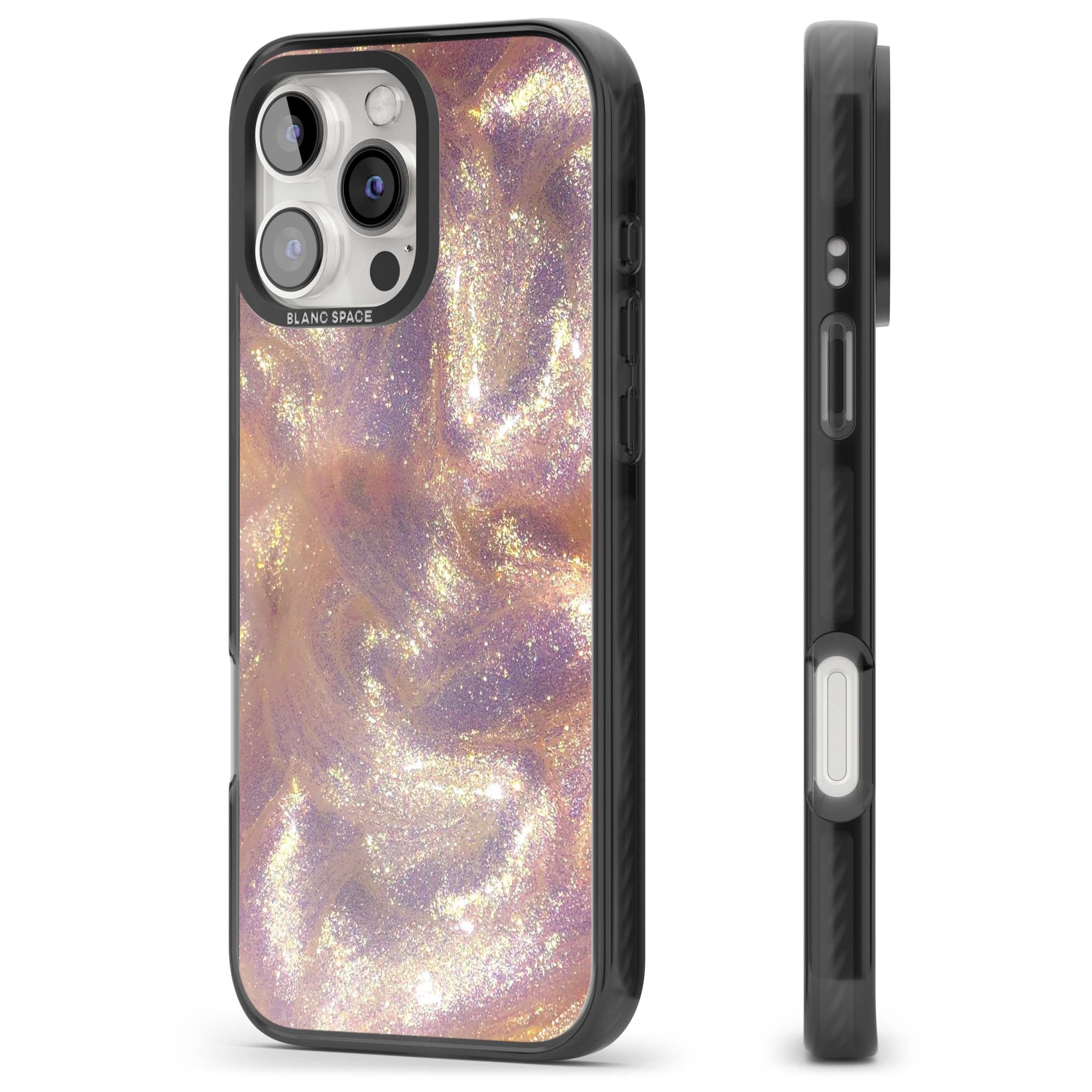 Shimmer marble iPhone case featuring rose gold glitter swirls, lilac shimmer and iridescent pearl finish | Black Impact Magsafe case for iPhone 16 Pro, iPhone 16 Pro Max