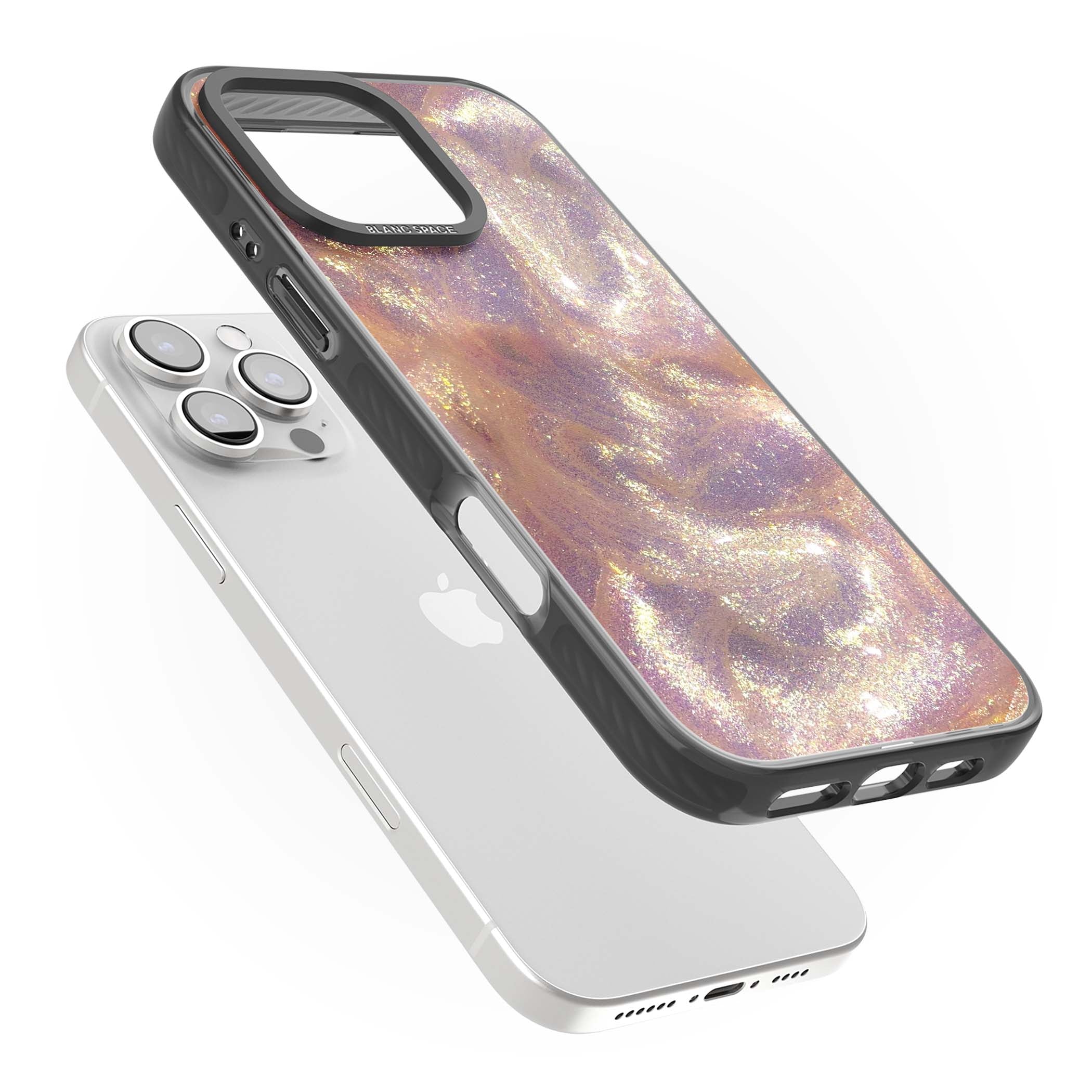 Shimmer marble iPhone case featuring rose gold glitter swirls, lilac shimmer and iridescent pearl finish | Black Impact Magsafe case for iPhone 16 Pro, iPhone 16 Pro Max