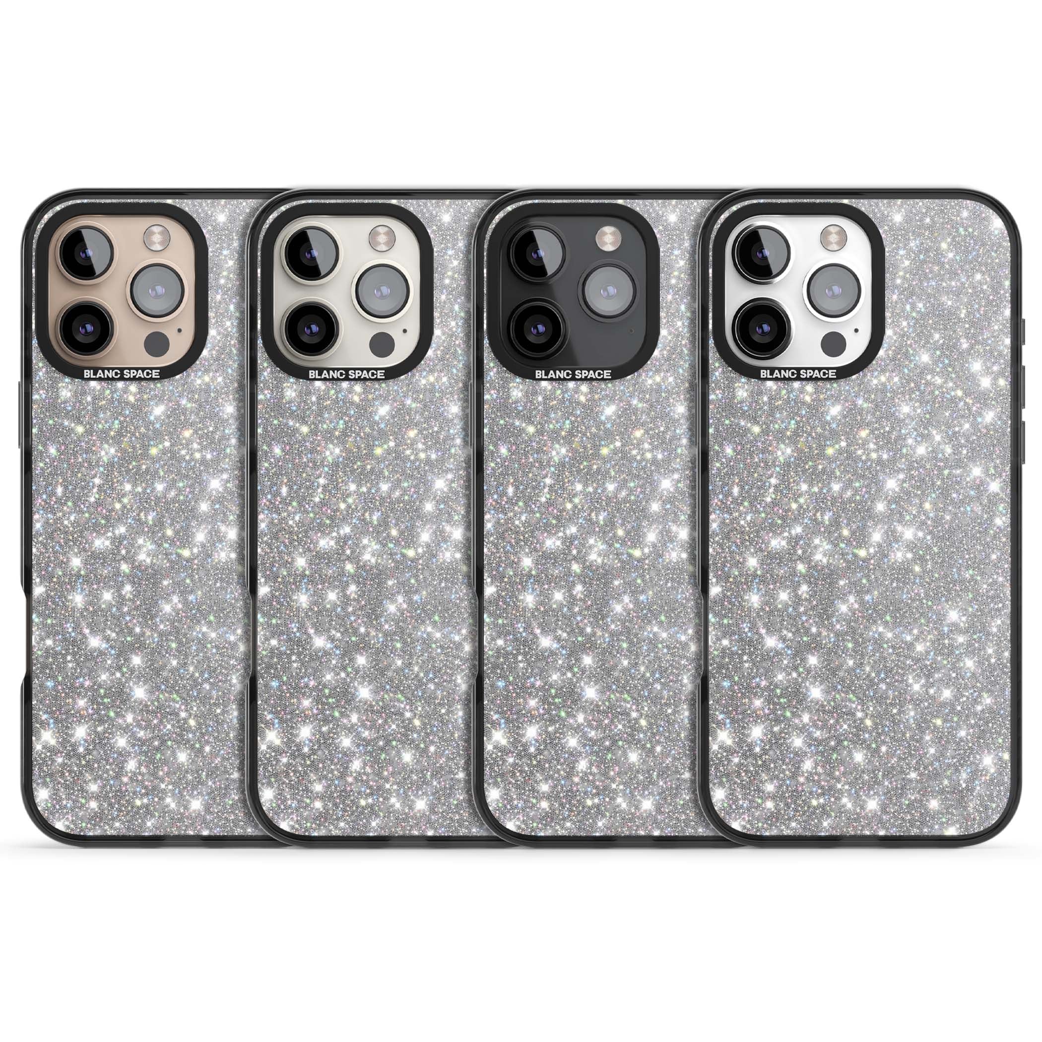 Diamond glam iPhone case featuring silver glitter sparkle and shimmering diamond dust effect | Black Impact Magsafe case for iPhone 16 Pro, iPhone 16 Pro Max