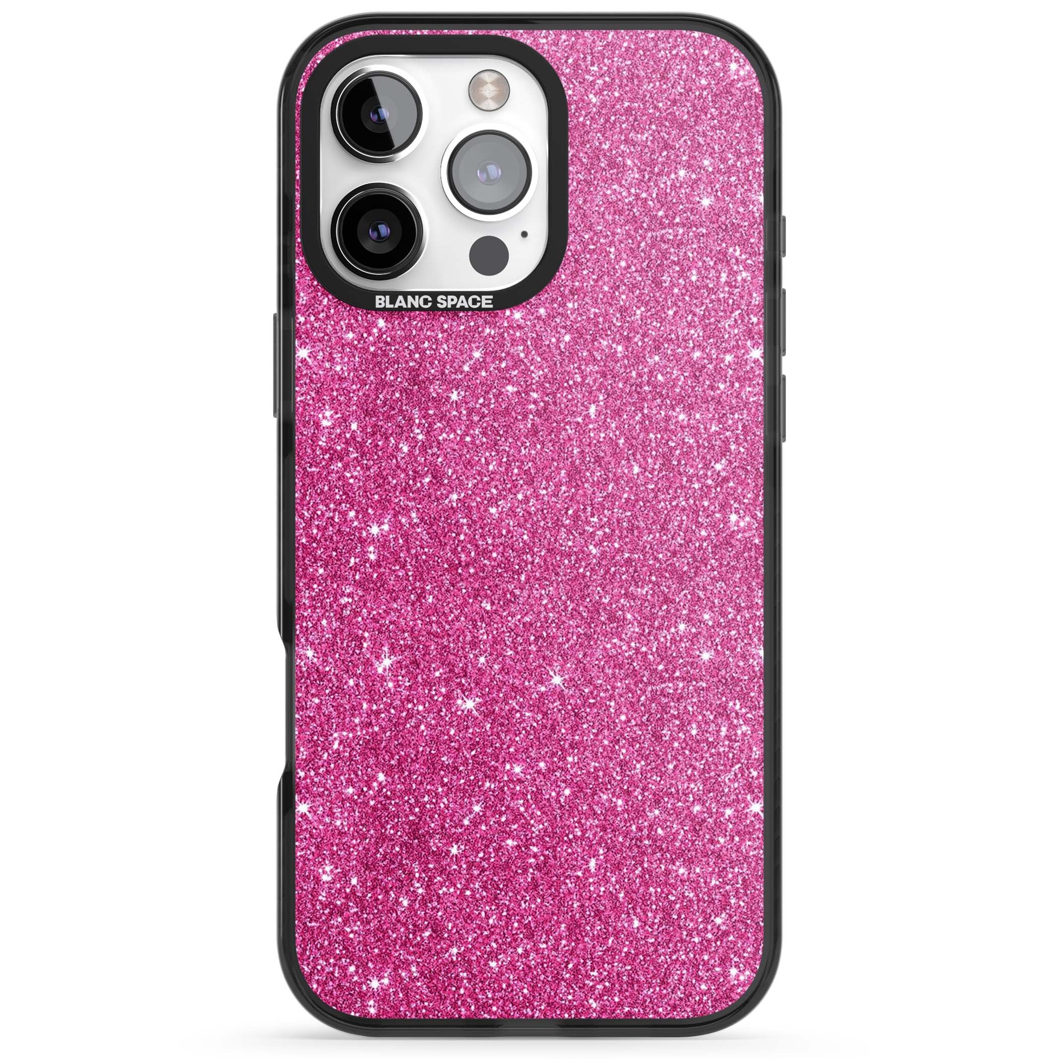 Pink Glitter Y2K iPhone case featuring hot pink glitter wallpaper with sparkle shimmer effect | Black Impact Magsafe case for iPhone 16 Pro, iPhone 16 Pro Max