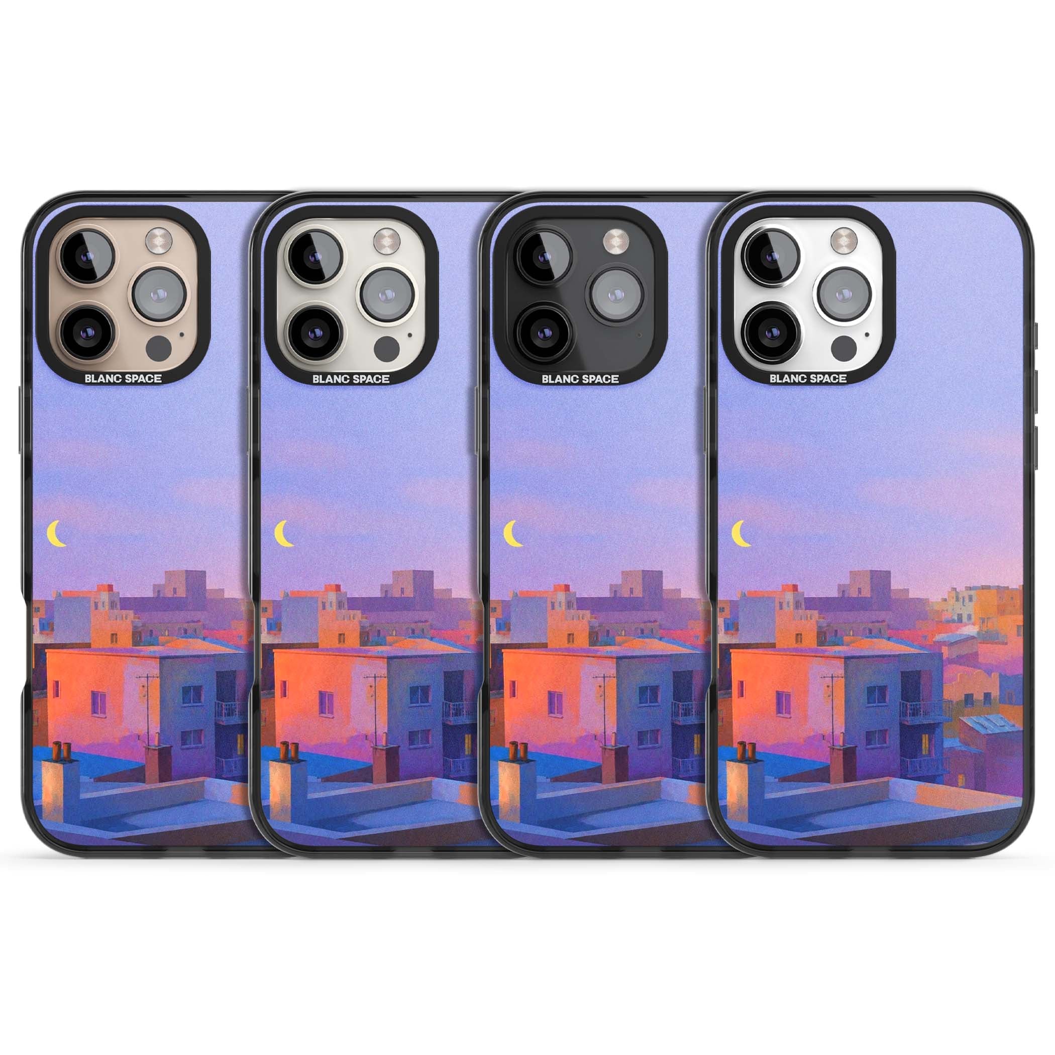 Twilight Rooftops vaporwave iPhone case featuring a pastel sunset cityscape, painted rooftops and a crescent moon. | Black Impact Magsafe case for iPhone 16 Pro, iPhone 16 Pro Max