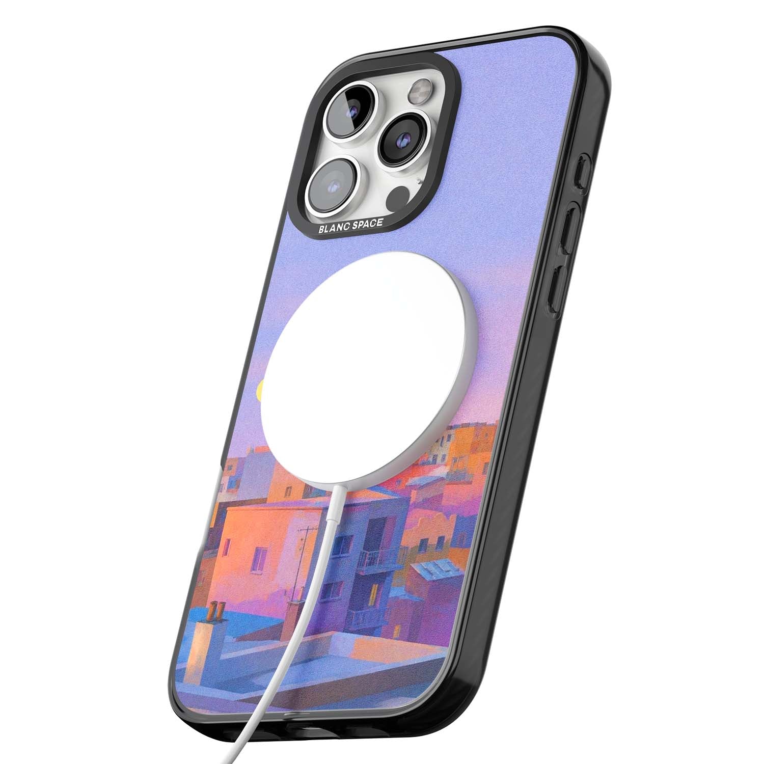 Twilight Rooftops vaporwave iPhone case featuring a pastel sunset cityscape, painted rooftops and a crescent moon. | Black Impact Magsafe case for iPhone 16 Pro, iPhone 16 Pro Max
