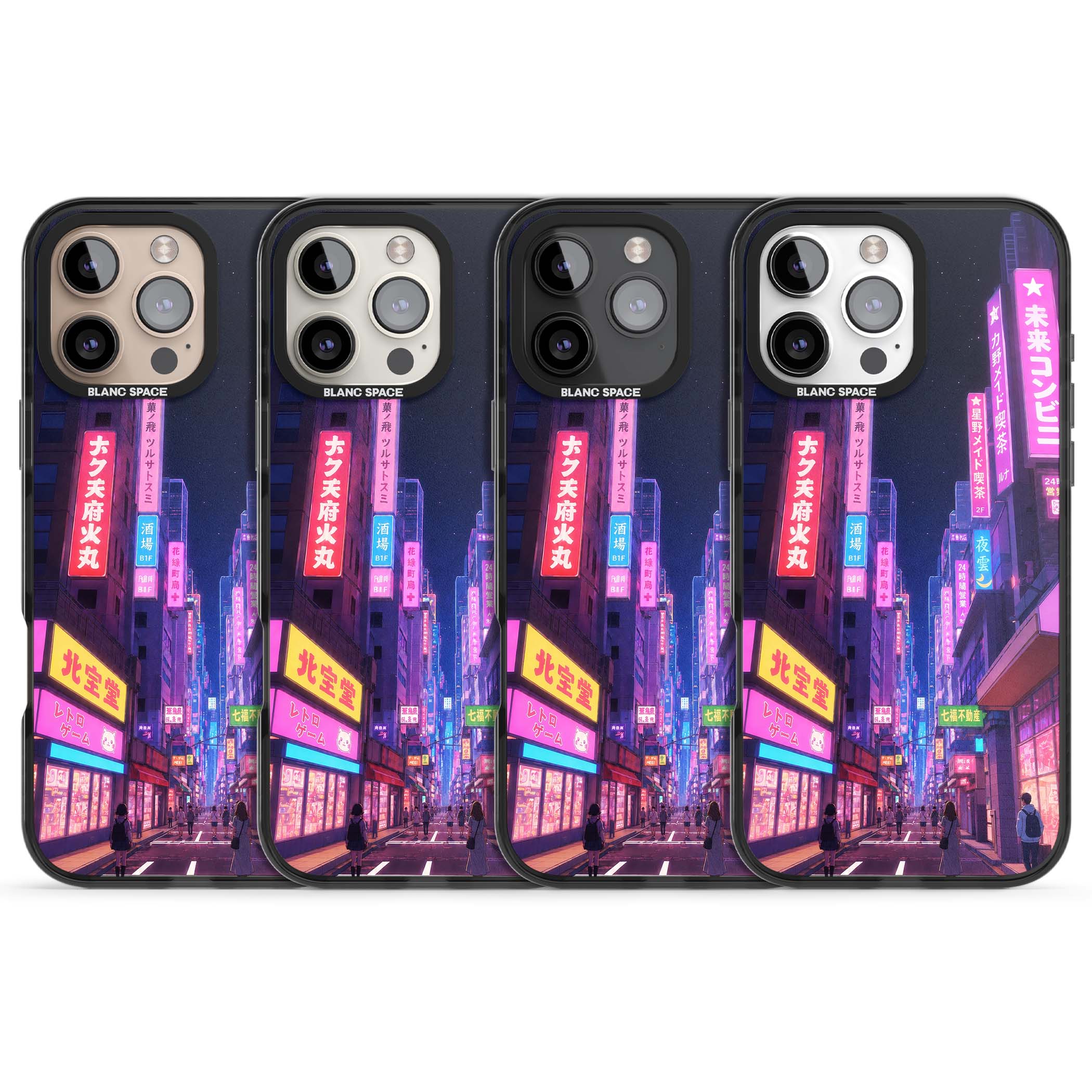 Shibuya At Night Japanese neon city iPhone case featuring glowing kanji signs, pink storefronts and a Tokyo street at n | Black Impact Magsafe case for iPhone 16 Pro, iPhone 16 Pro Max