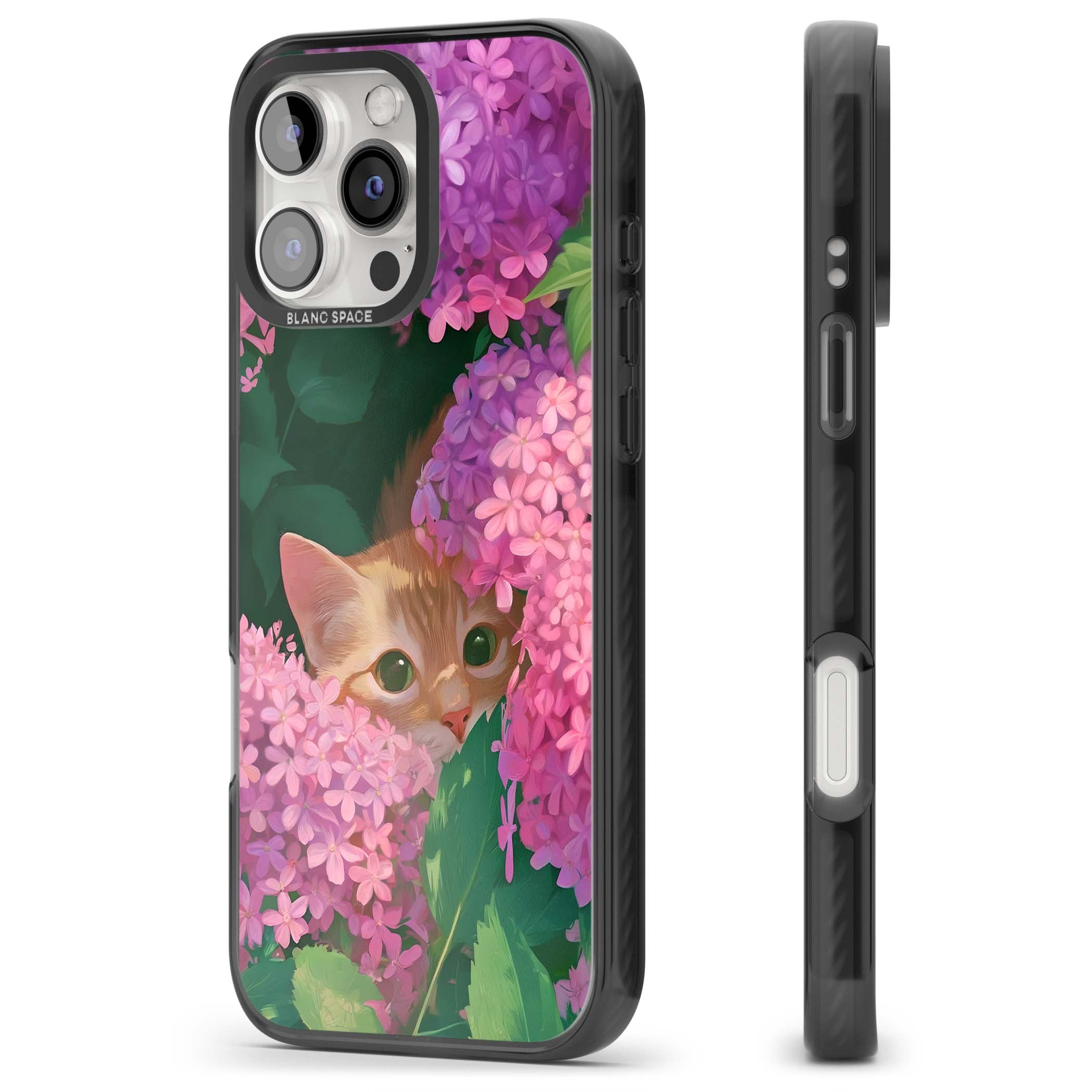Cat In Pink Flowers cottagecore iPhone case featuring a ginger kitten peeking through lilac and pink hydrangea flo | Black Impact Magsafe case for iPhone 16 Pro, iPhone 16 Pro Max