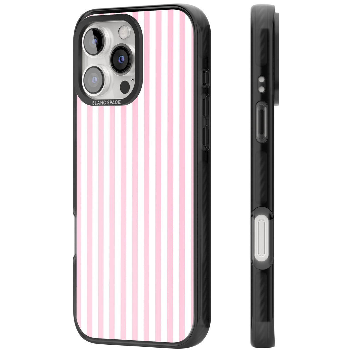 Pink Stripe preppy iPhone case featuring soft pastel pink and white vertical candy stripes iPhone 16 Pro / iPhone 16 Pro Max Impact Pro Black Phone Case side
