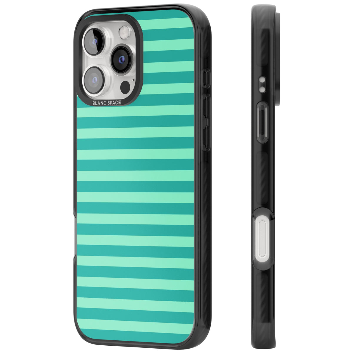 Turquoise Stripe preppy iPhone case featuring horizontal teal and mint green stripes on a black protective frame iPhone 16 Pro / iPhone 16 Pro Max Impact Pro Black Phone Case side