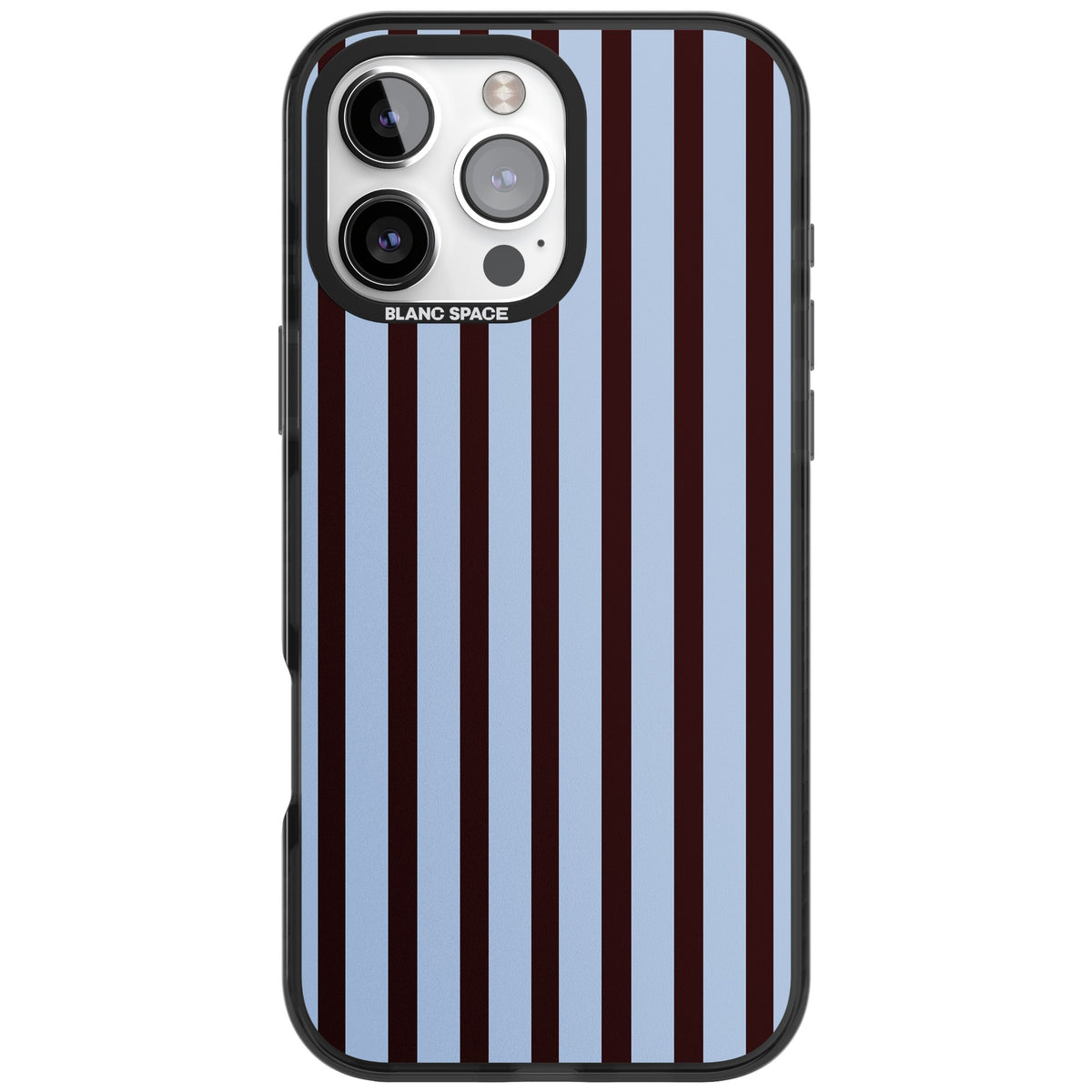 Blackcurrant Stripe preppy iPhone case featuring vertical burgundy and light blue stripes in a classic pinstripe layout iPhone 16 Pro Max Impact Pro Black Phone Case front