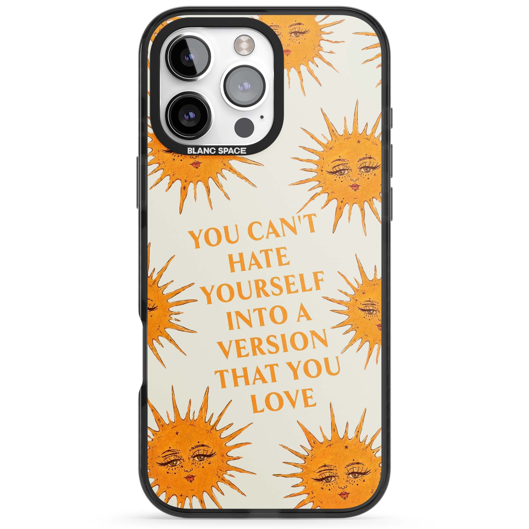 Don't Hate Yourself celestial iPhone case featuring vintage sun faces, ochre rays and a self-love quote | Black Impact Magsafe case for iPhone 16 Pro, iPhone 16 Pro Max