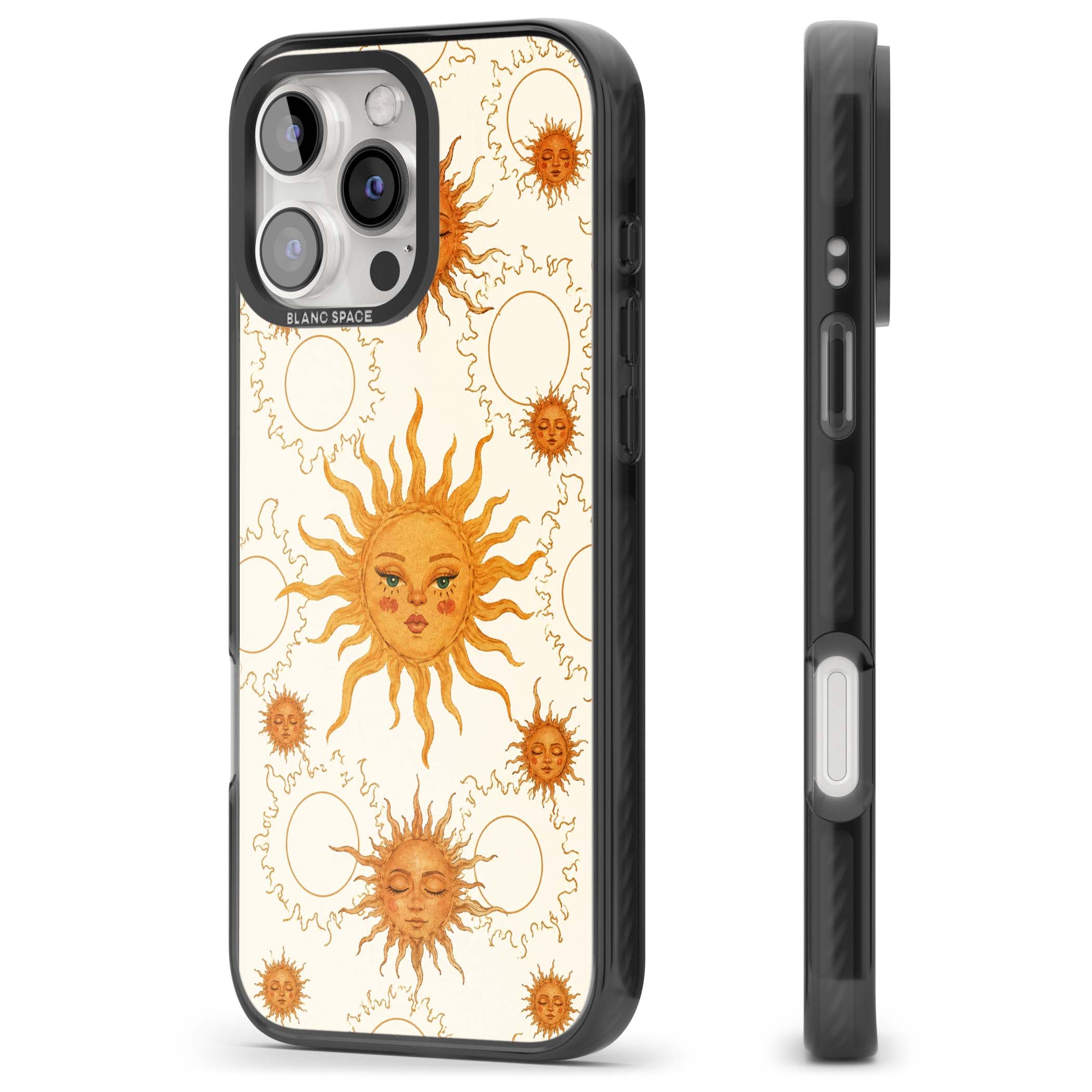 Solstice Muse celestial iPhone case featuring hand-painted golden sun faces, closed-eye sun goddesses and outlined moons... | Black Impact Magsafe case for iPhone 16 Pro, iPhone 16 Pro Max