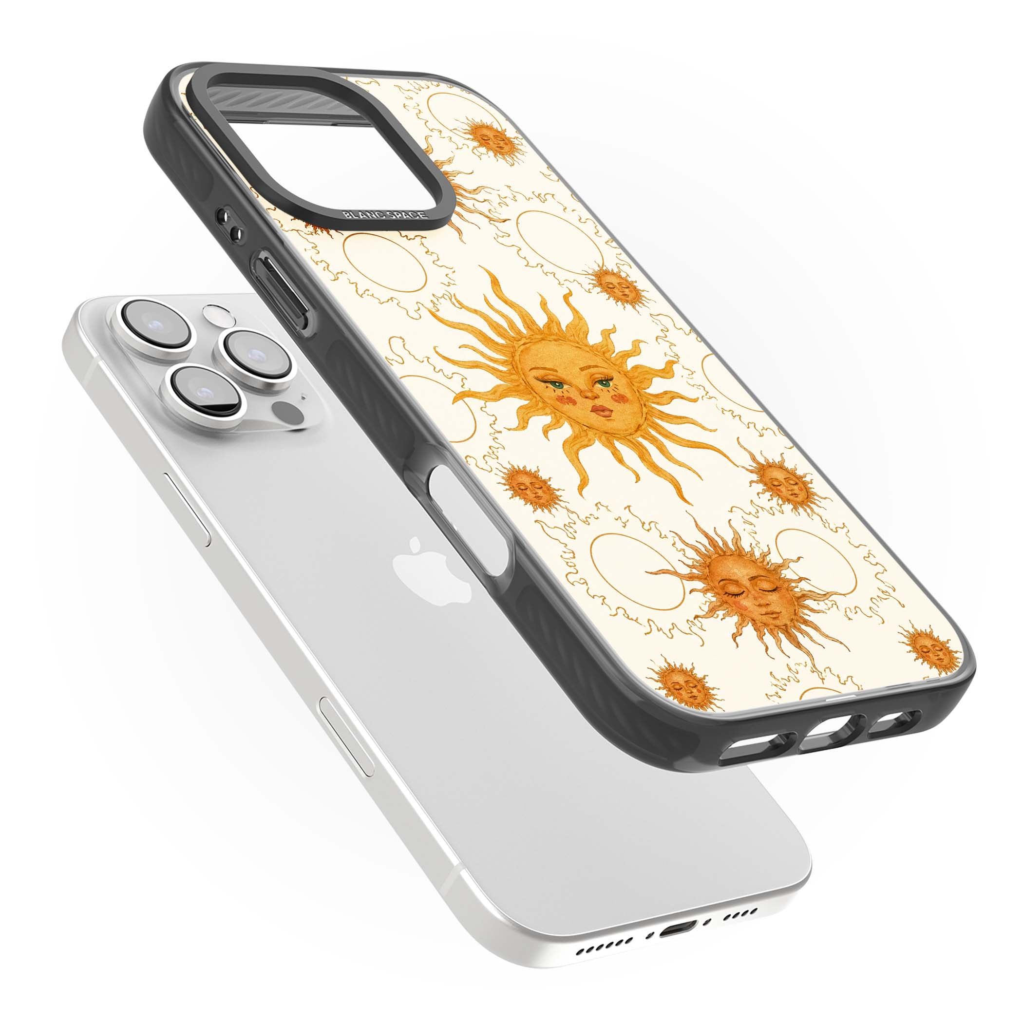Solstice Muse celestial iPhone case featuring hand-painted golden sun faces, closed-eye sun goddesses and outlined moons... | Black Impact Magsafe case for iPhone 16 Pro, iPhone 16 Pro Max