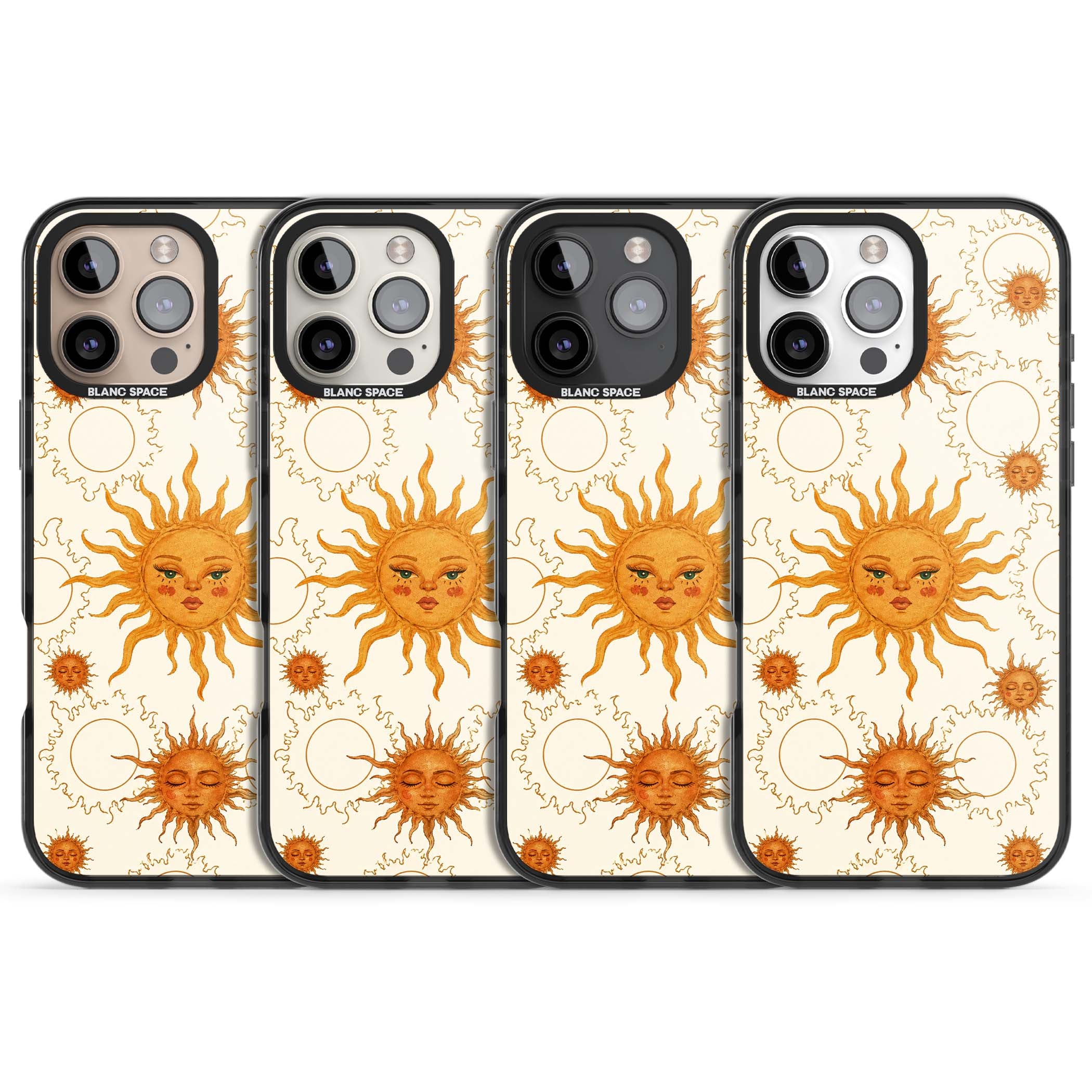Solstice Muse celestial iPhone case featuring hand-painted golden sun faces, closed-eye sun goddesses and outlined moons... | Black Impact Magsafe case for iPhone 16 Pro, iPhone 16 Pro Max
