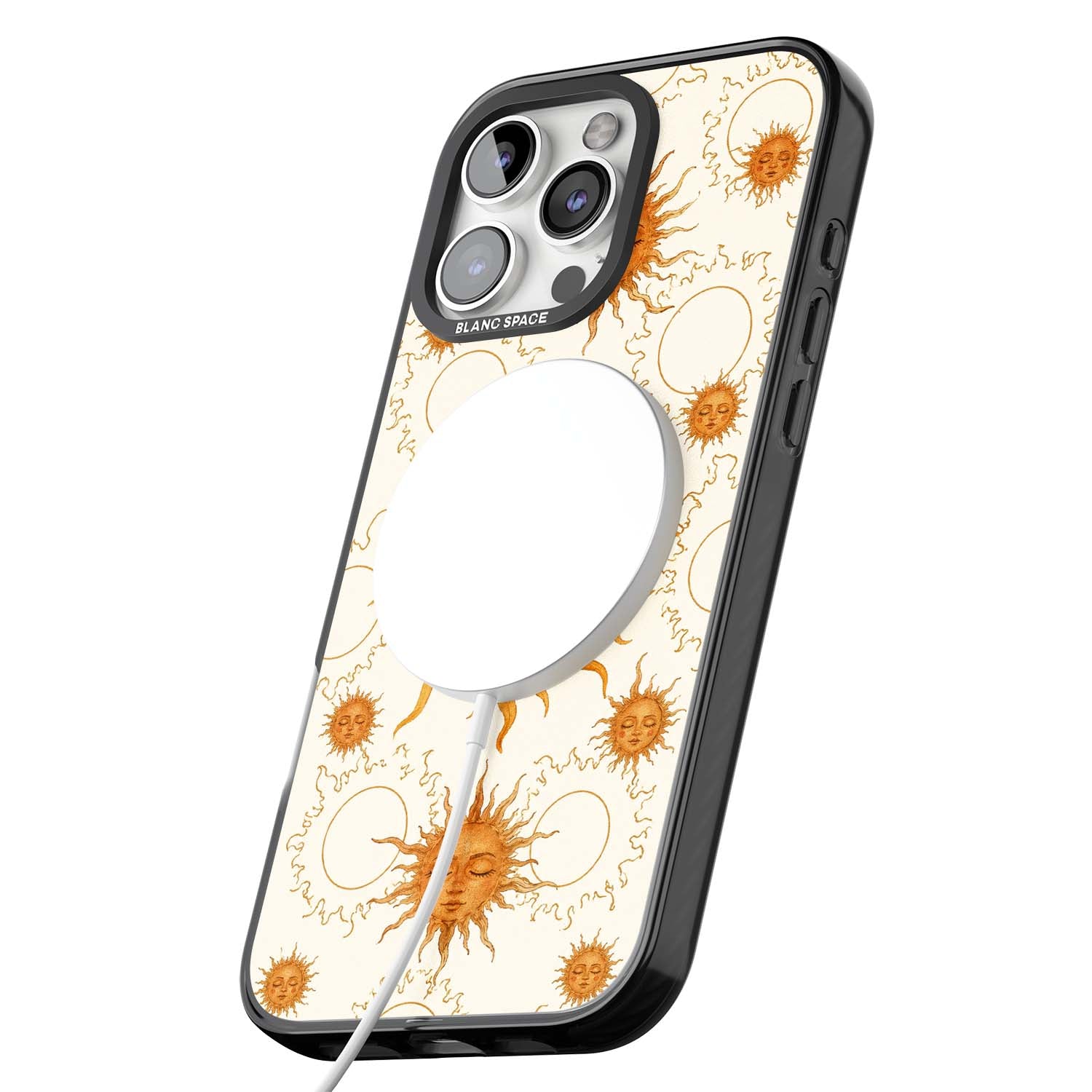 Solstice Muse celestial iPhone case featuring hand-painted golden sun faces, closed-eye sun goddesses and outlined moons... | Black Impact Magsafe case for iPhone 16 Pro, iPhone 16 Pro Max