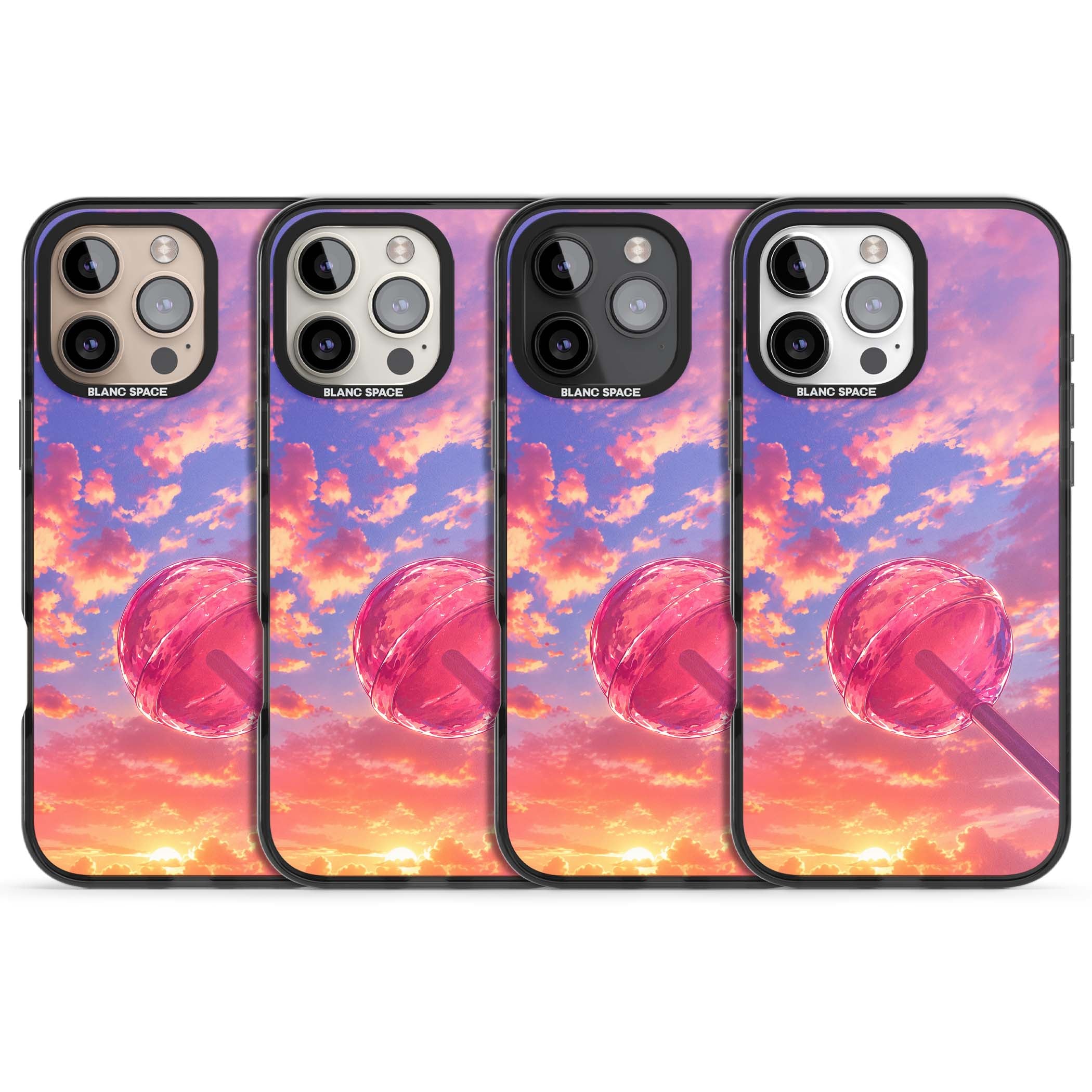 Sugar Sunset candy aesthetic iPhone case featuring a pink lollipop, pastel sunset sky and dreamy clouds | Black Impact Magsafe case for iPhone 16 Pro, iPhone 16 Pro Max