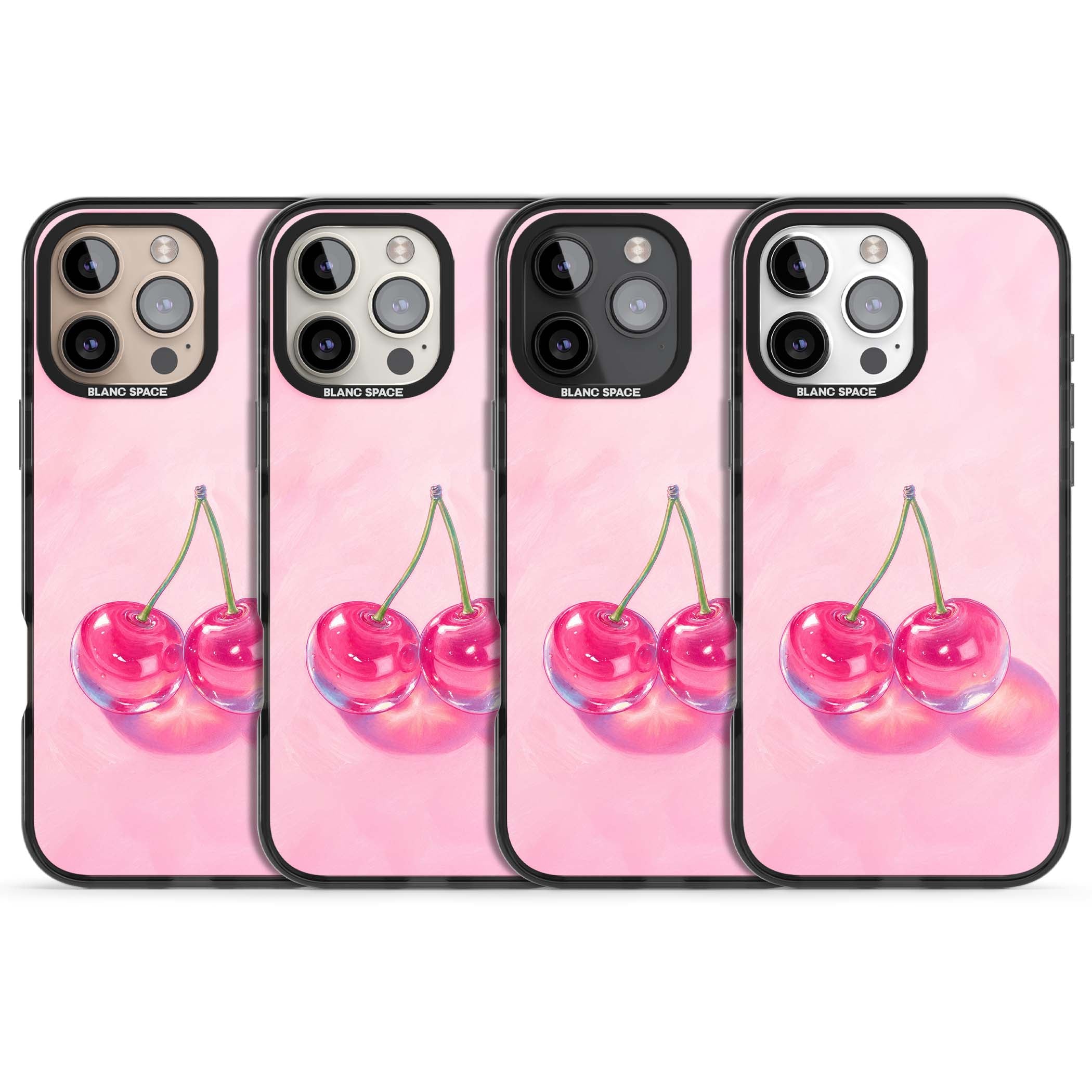 Pink Glass Cherry coquette iPhone case featuring two glossy painted cherries on a soft pink background | Black Impact Magsafe case for iPhone 16 Pro, iPhone 16 Pro Max
