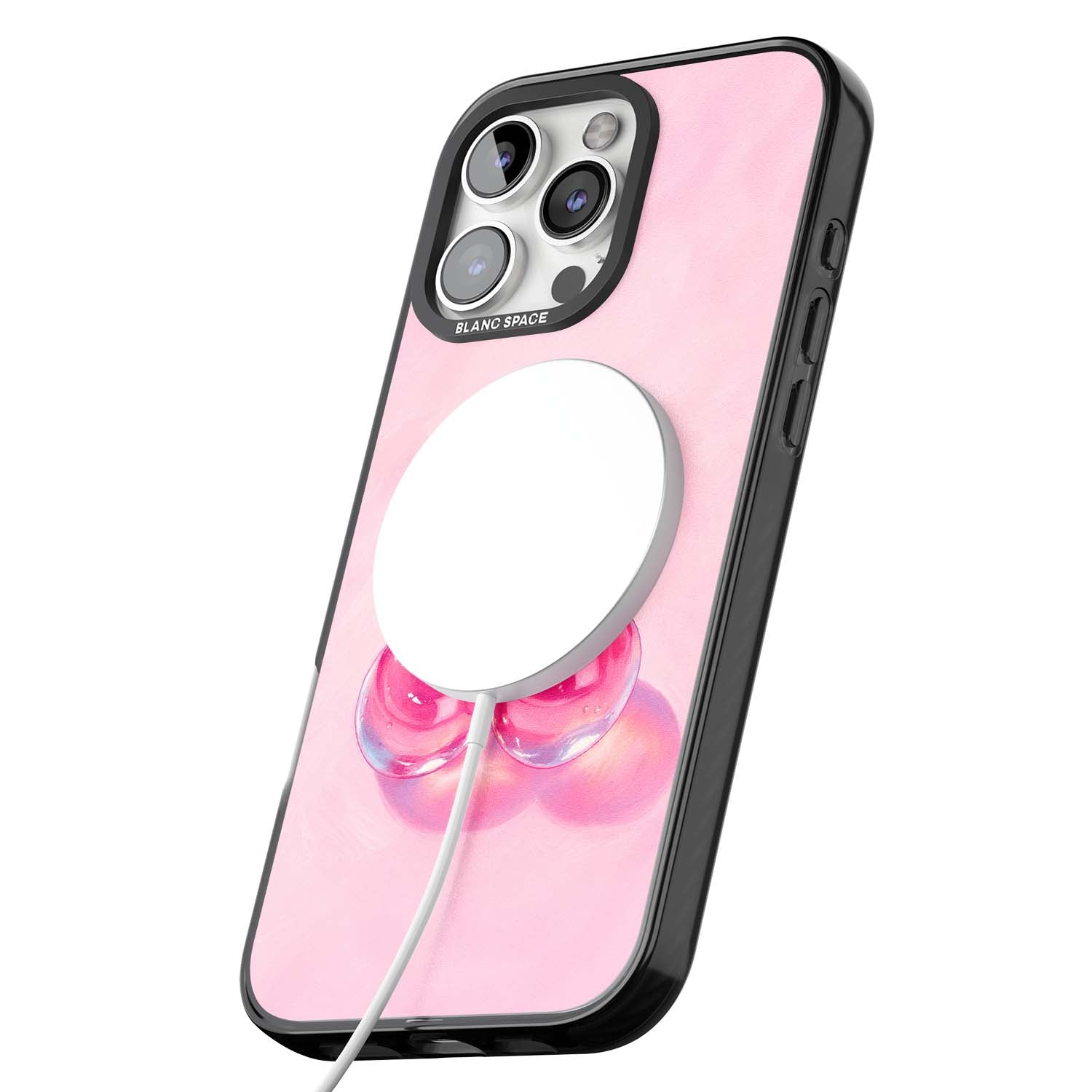 Pink Glass Cherry coquette iPhone case featuring two glossy painted cherries on a soft pink background | Black Impact Magsafe case for iPhone 16 Pro, iPhone 16 Pro Max