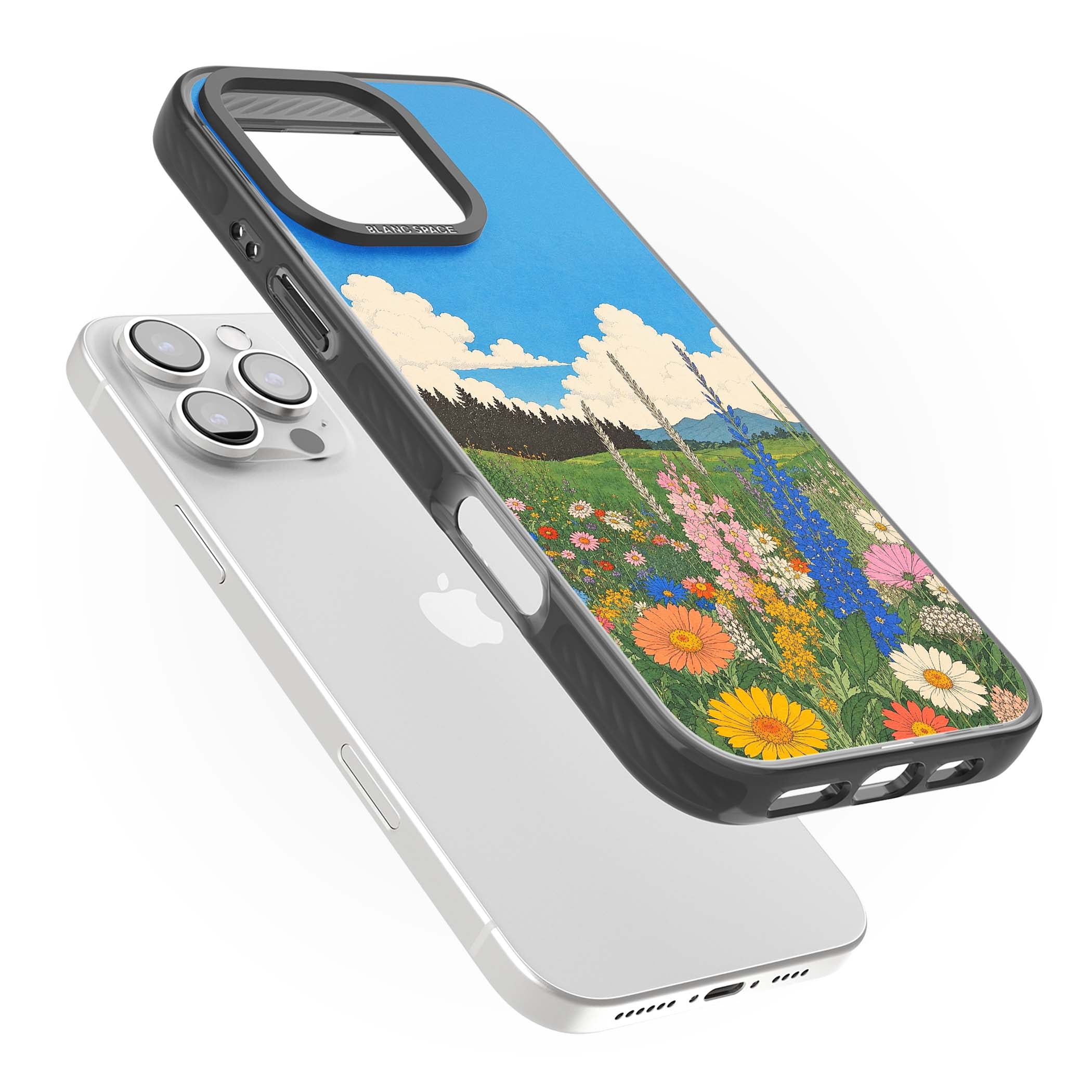 Wildbloom wildflower iPhone case featuring a vintage Japanese-style meadow landscape with daisies, delphiniums and moun | Black Impact Magsafe case for iPhone 16 Pro, iPhone 16 Pro Max