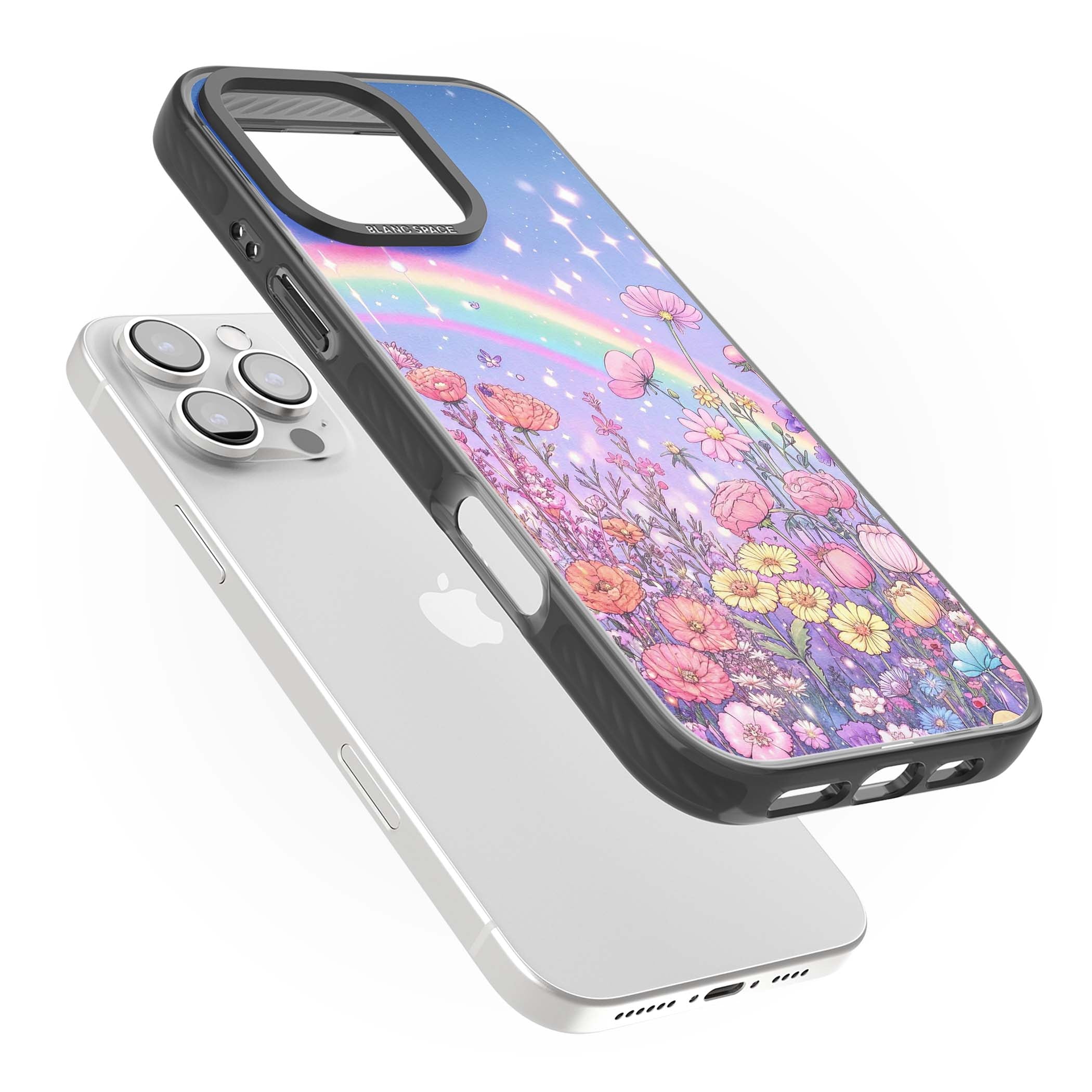 Magical Meadow fairycore iPhone case featuring a pastel rainbow, sparkling stars and a wildflower meadow | Black Impact case for iPhone 16 Pro, iPhone 16 Pro Max