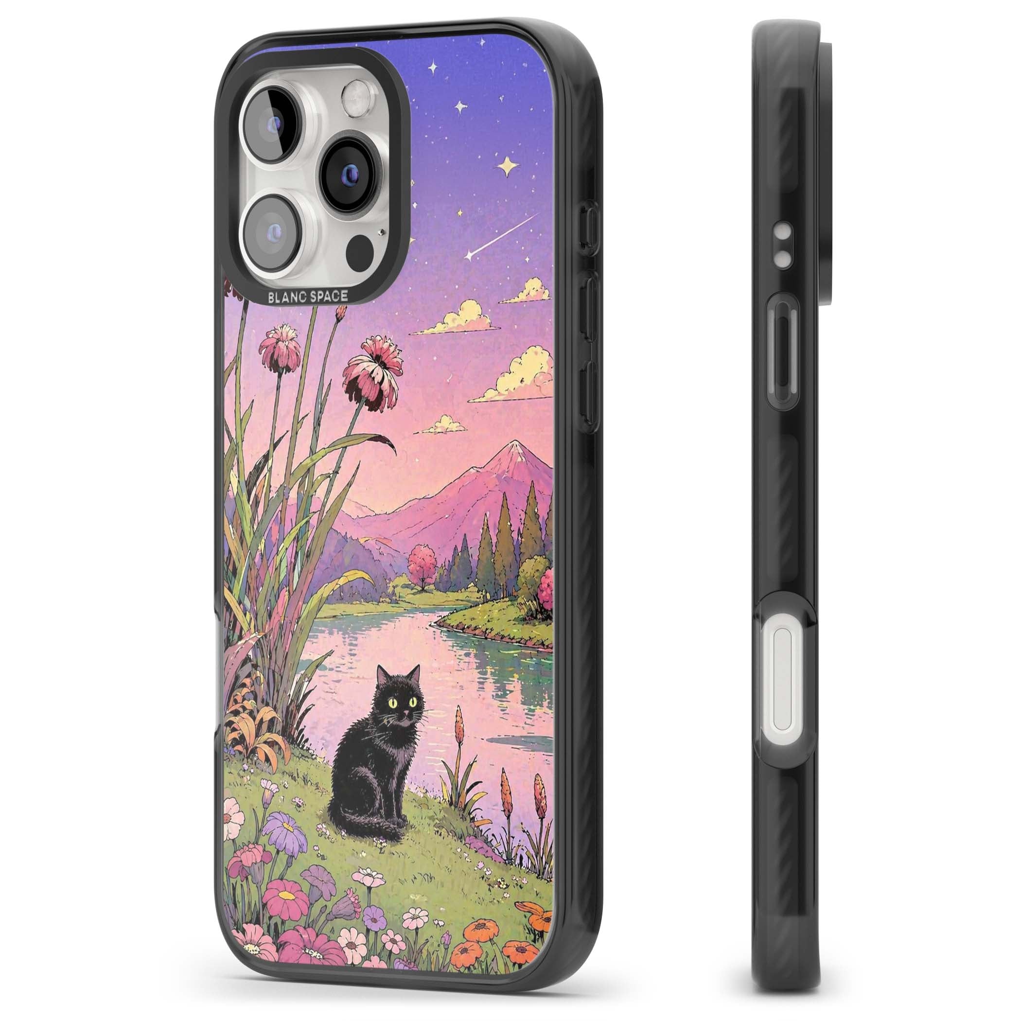 Mystic Whiskers ghibli iPhone case featuring a black cat by a pastel lake, wildflowers and a starry sunset sky | Black Impact case for iPhone 16 Pro, iPhone 16 Pro Max
