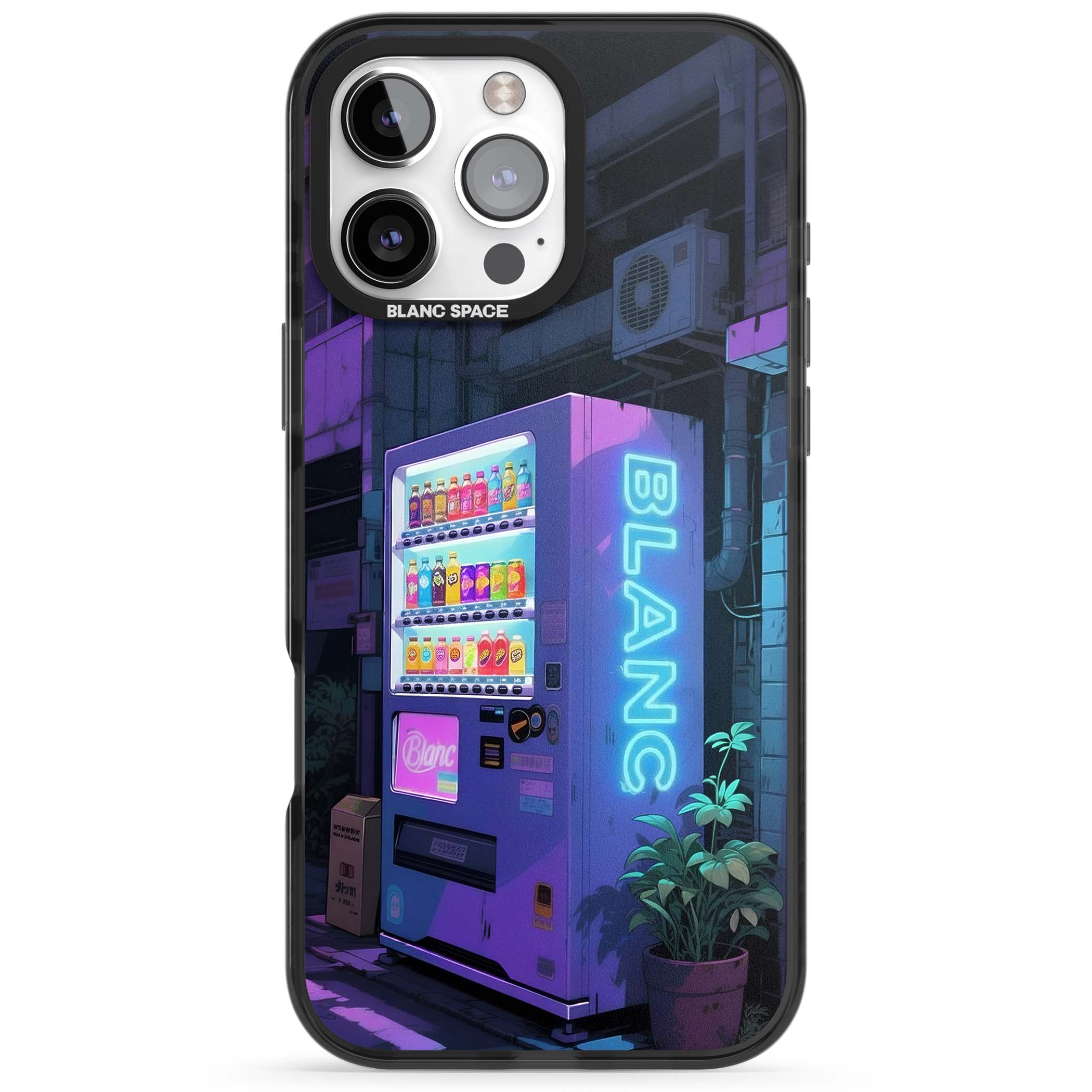 Shibuya Glow Japanese iPhone case featuring a glowing Tokyo vending machine, neon signage, and moody purple alleyway | Black Impact case for iPhone 16 Pro, iPhone 16 Pro Max