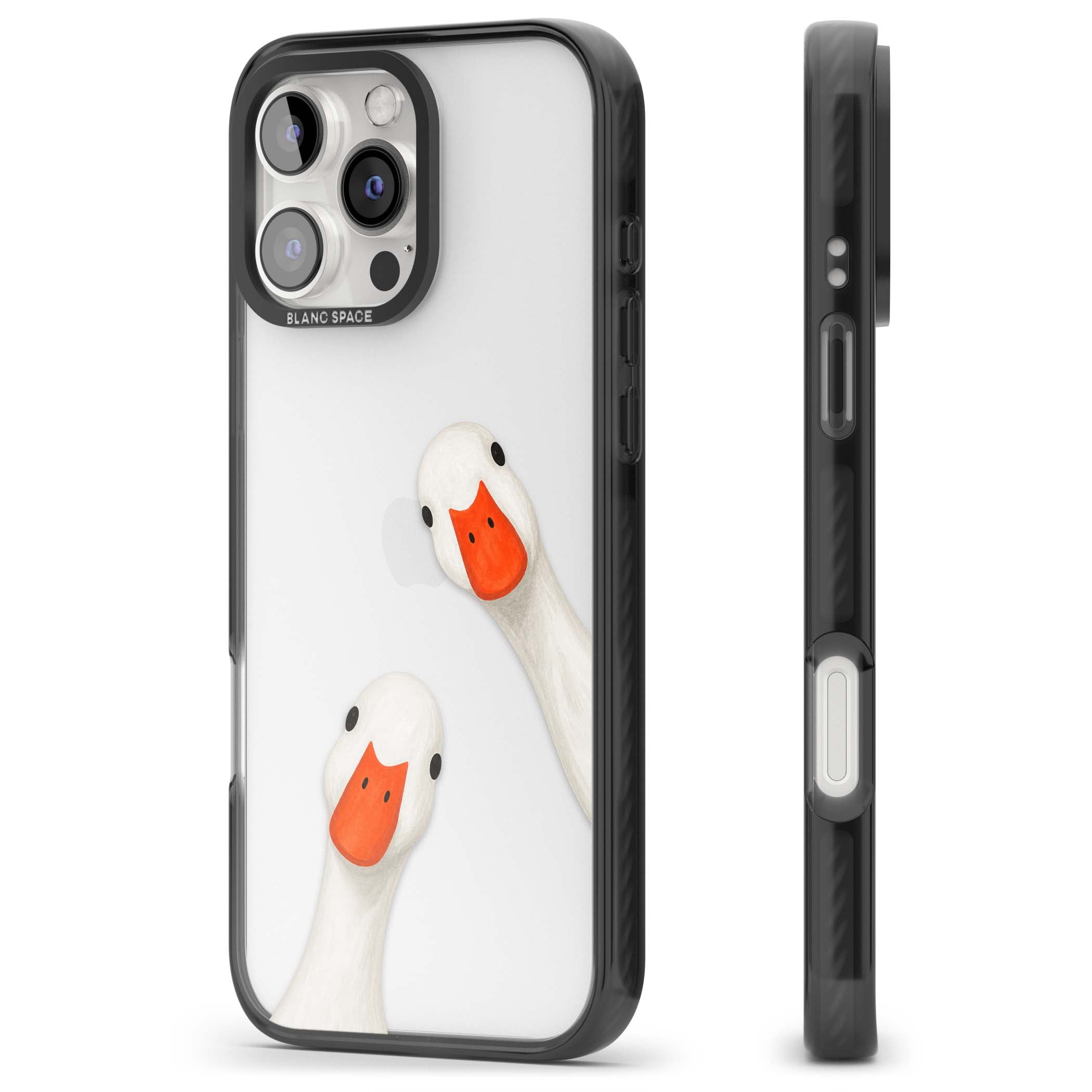 Nosy Ducks cottagecore iPhone case featuring two peeking white ducks with orange beaks on a clear background | Black Impact case for iPhone 16 Pro, iPhone 16 Pro Max