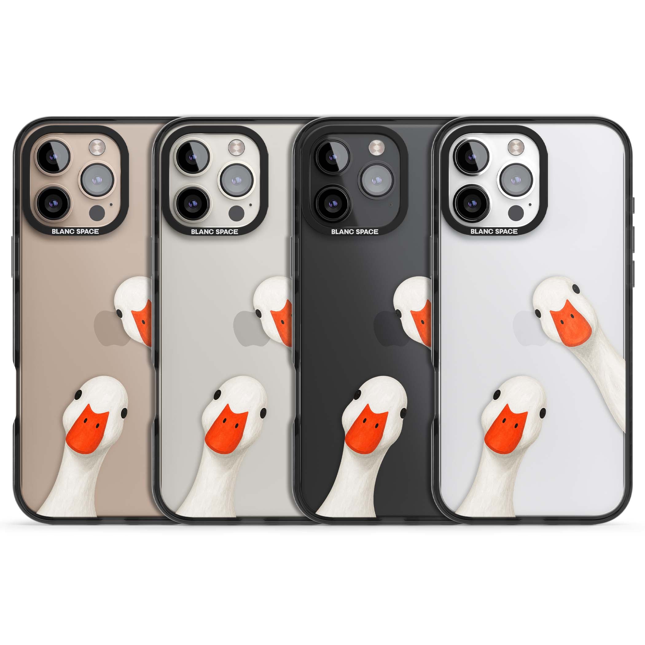 Nosy Ducks cottagecore iPhone case featuring two peeking white ducks with orange beaks on a clear background | Black Impact case for iPhone 16 Pro, iPhone 16 Pro Max