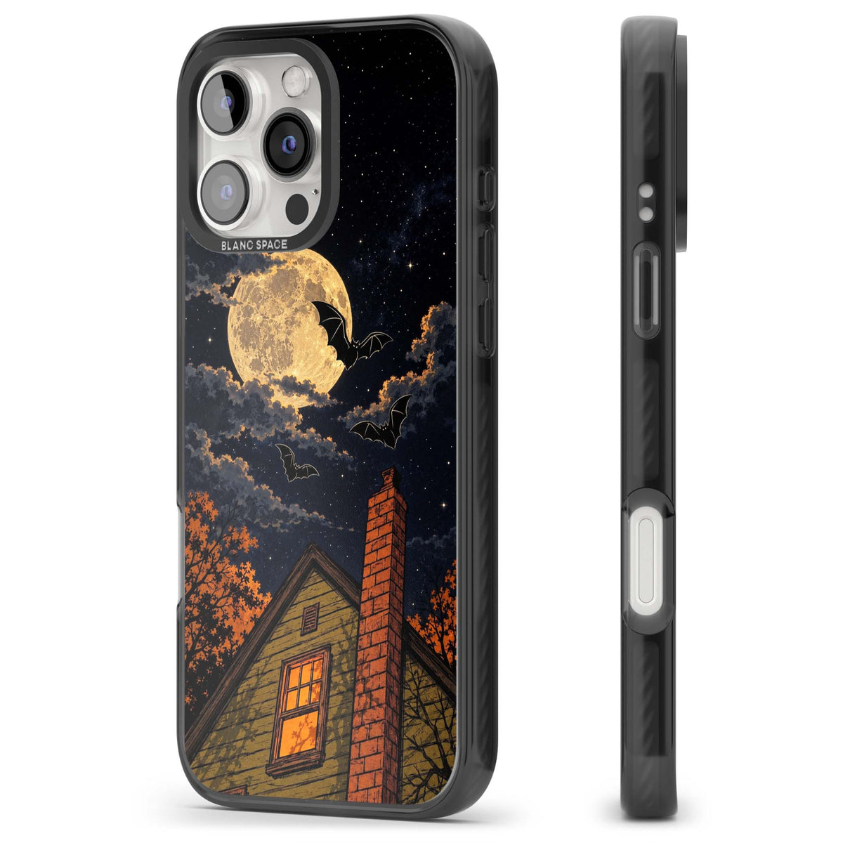 Hollows Eve Halloween iPhone case featuring a haunted house, full moon and flying bats against a starry autumn sky | Black Impact case for iPhone 16 Pro, iPhone 16 Pro Max