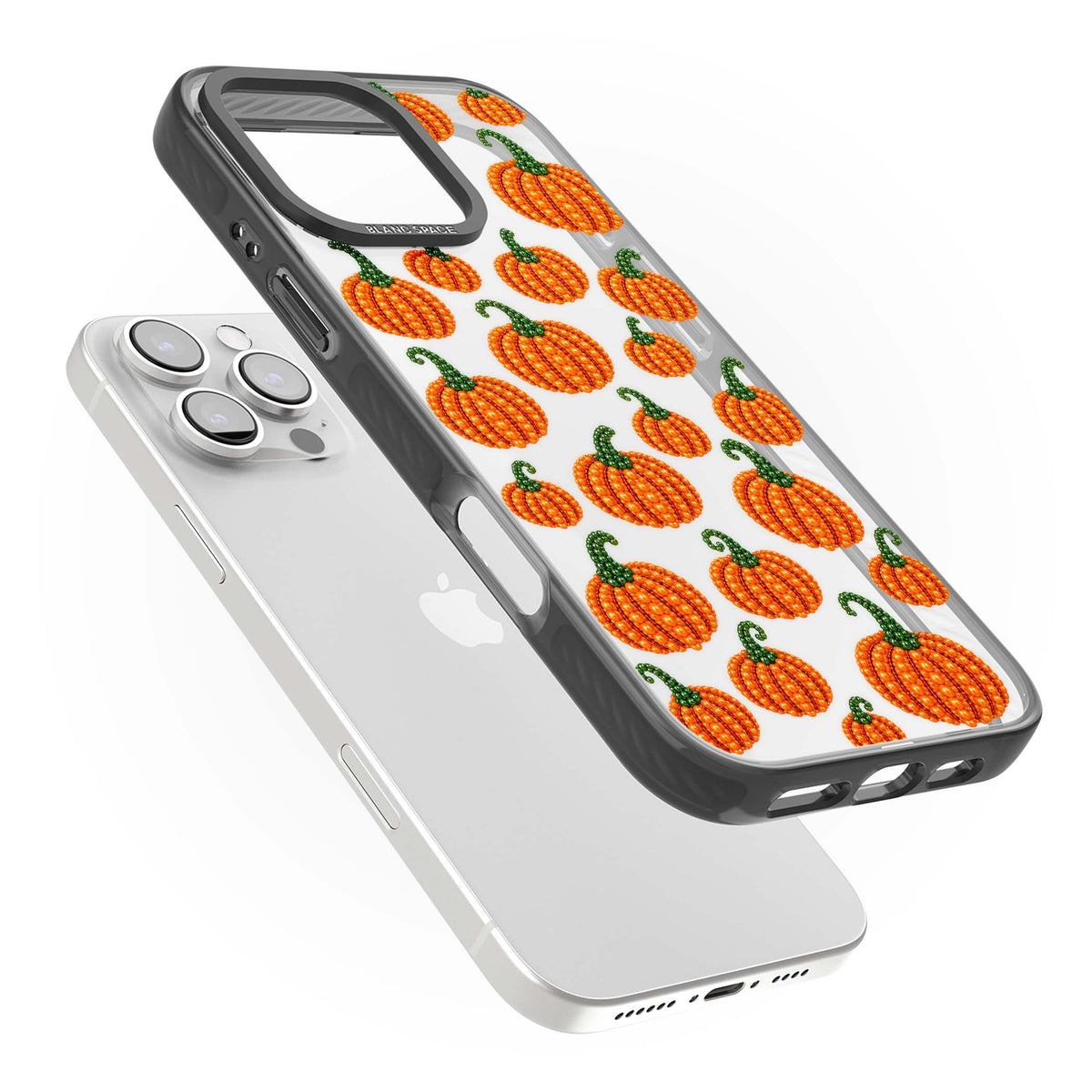 Beaded Pumpkins halloween iPhone case featuring beaded orange pumpkins with green stems on a clear background | Black Impact case for iPhone 16 Pro, iPhone 16 Pro Max
