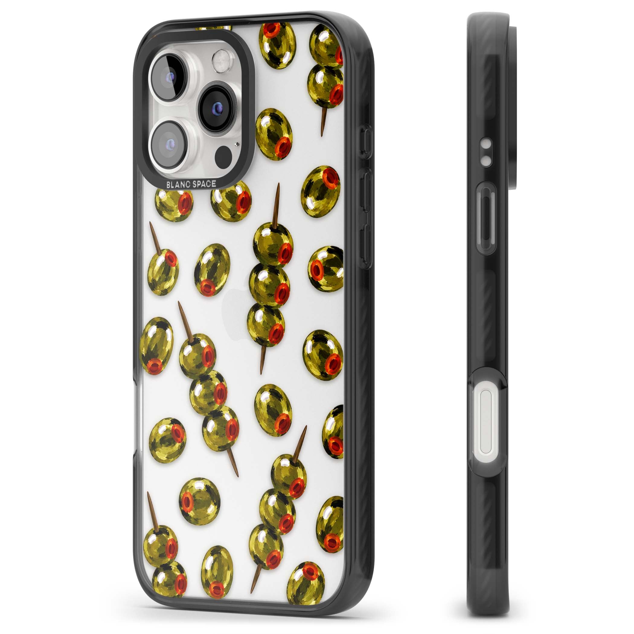 Painted Olives cocktail iPhone case featuring green olives, pimento centres and toothpick skewers on a clear background | Black Impact case for iPhone 16 Pro, iPhone 16 Pro Max