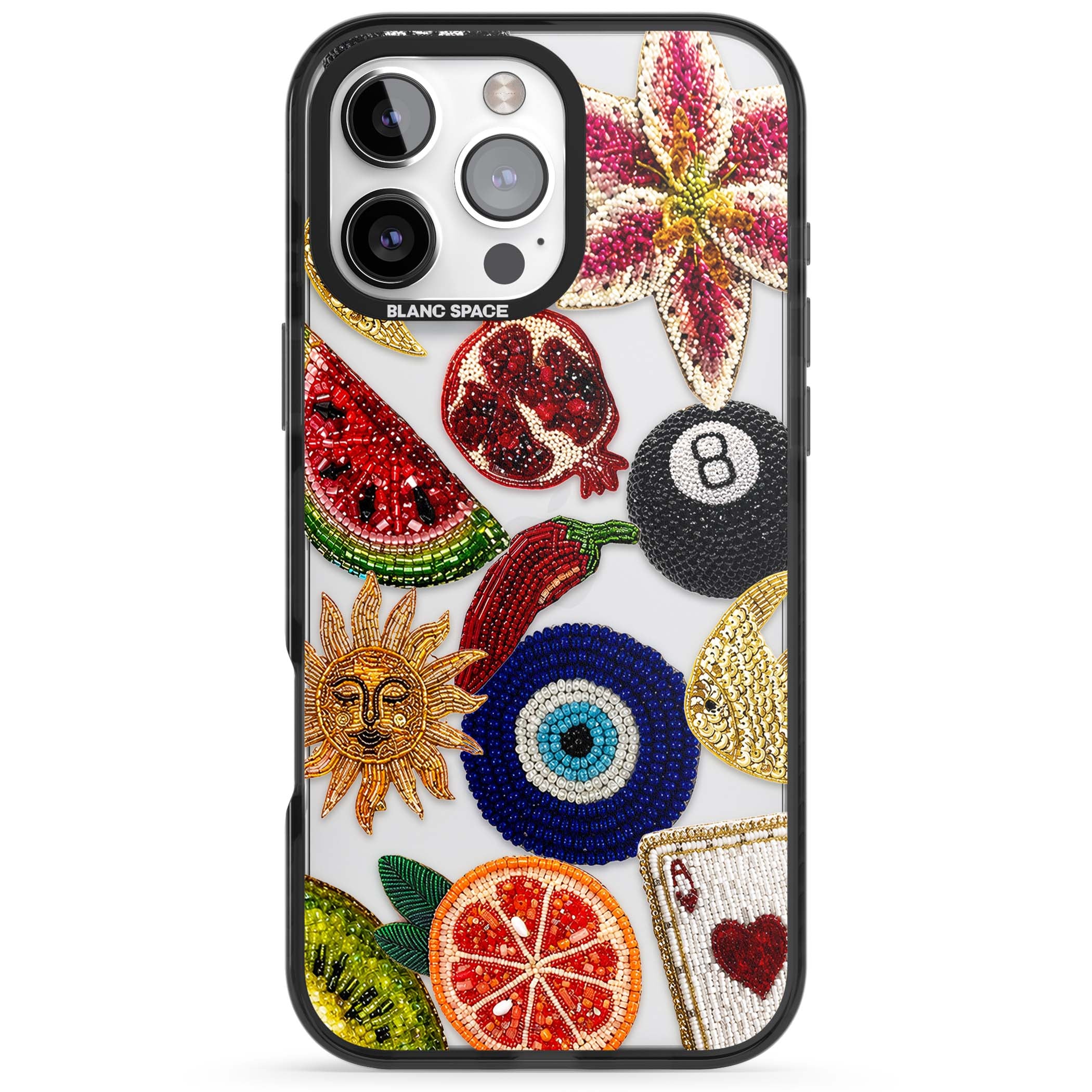 Beaded Charms embroidery iPhone case featuring beaded evil eye, fruit patches and a golden sun motif | Black Impact case for iPhone 16 Pro, iPhone 16 Pro Max