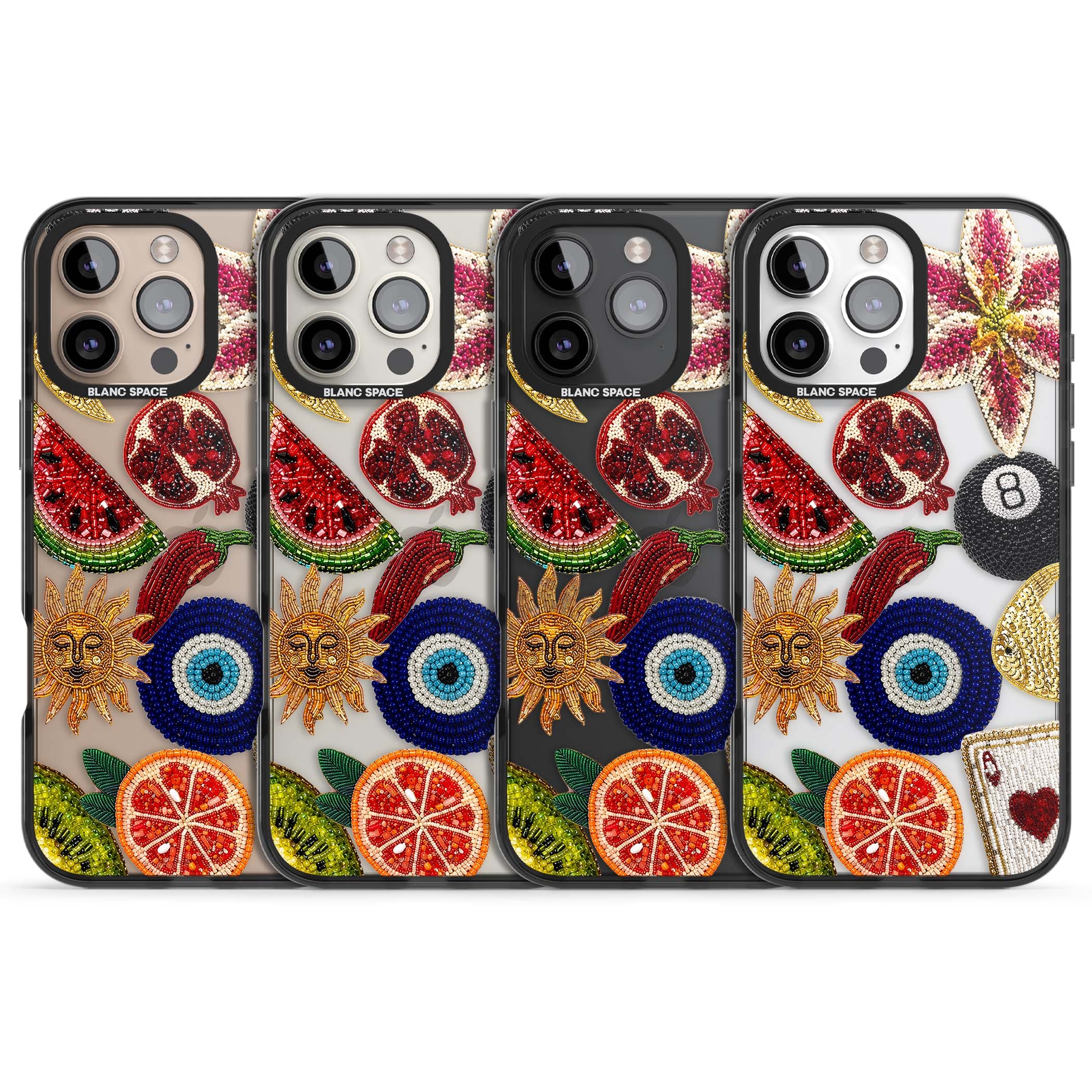 Beaded Charms embroidery iPhone case featuring beaded evil eye, fruit patches and a golden sun motif | Black Impact case for iPhone 16 Pro, iPhone 16 Pro Max