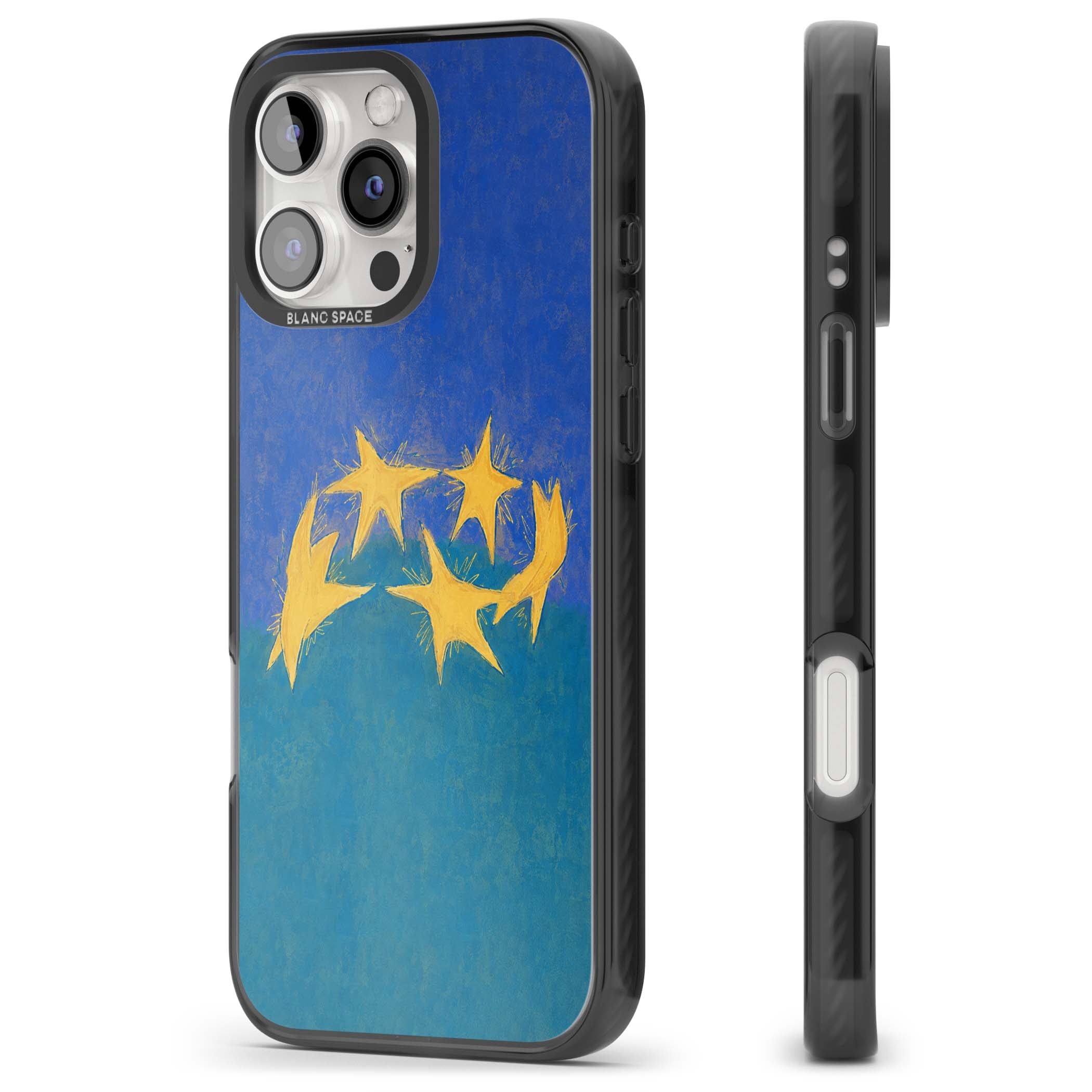 Star Boogie stars aesthetic iPhone case featuring five yellow hand-painted stars on cobalt blue and teal | Black Impact case for iPhone 16 Pro, iPhone 16 Pro Max