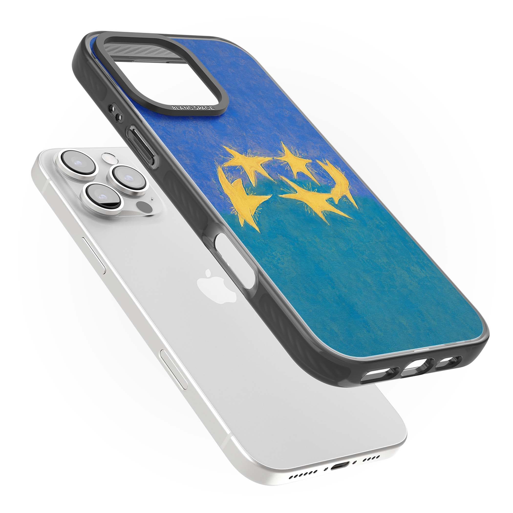 Star Boogie stars aesthetic iPhone case featuring five yellow hand-painted stars on cobalt blue and teal | Black Impact case for iPhone 16 Pro, iPhone 16 Pro Max
