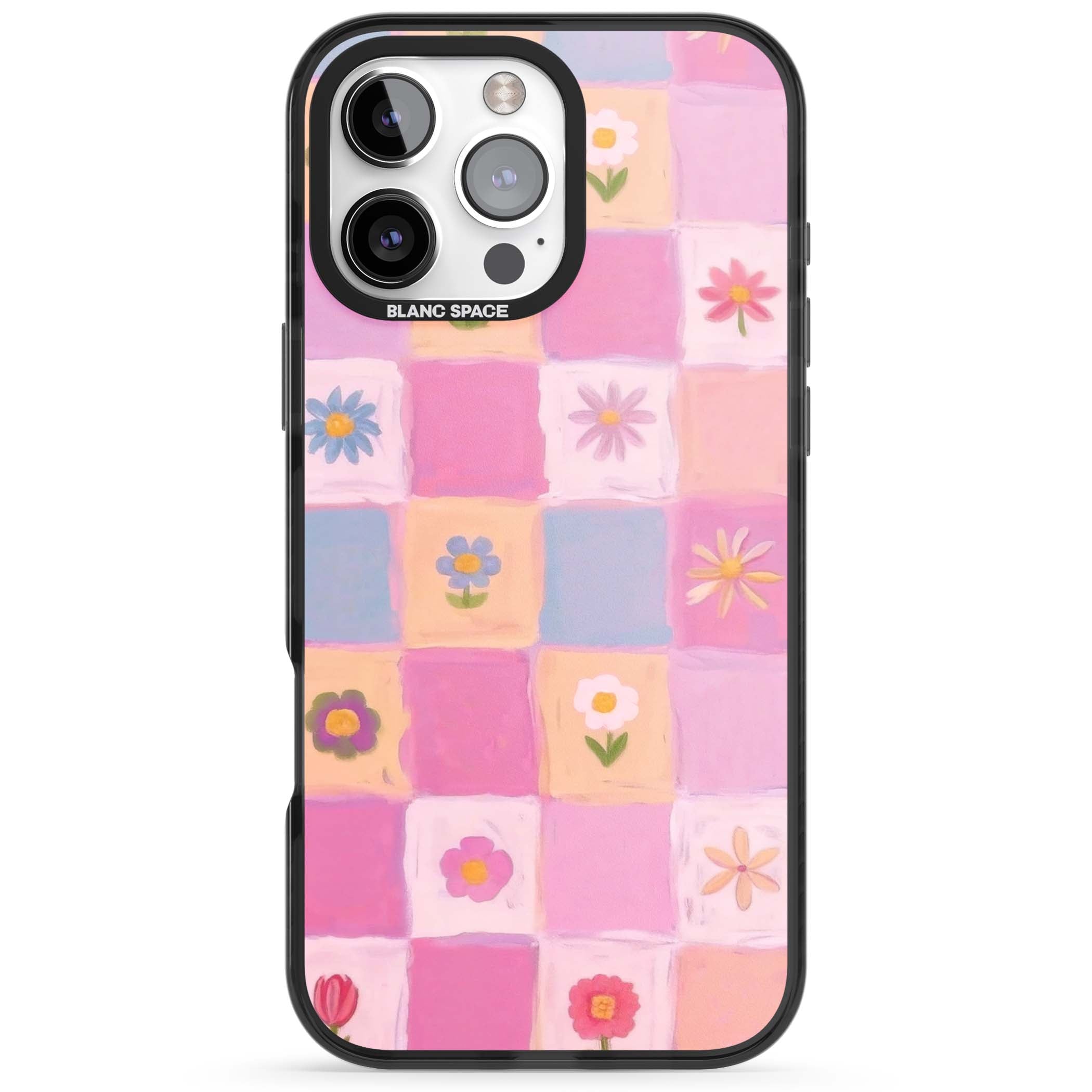 Pastel Flower Patchwork cottagecore iPhone case featuring painted pink and lilac squares with daisies and wildflowers | Black Impact case for iPhone 16 Pro, iPhone 16 Pro Max