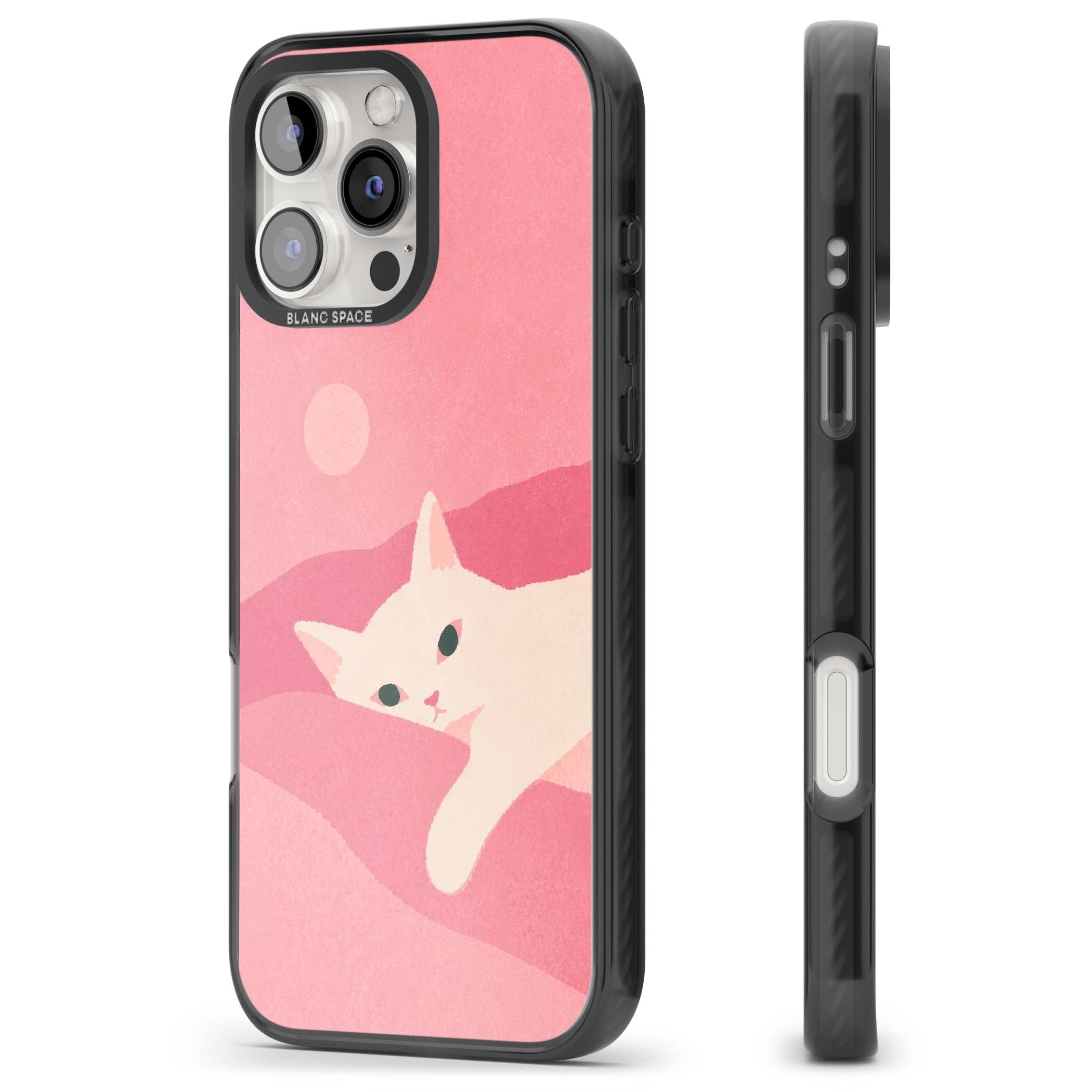 Pink Dreams cute cat iPhone case featuring a white kitten, soft pink hills and a pale pastel sun | Black Impact case for iPhone 16 Pro, iPhone 16 Pro Max