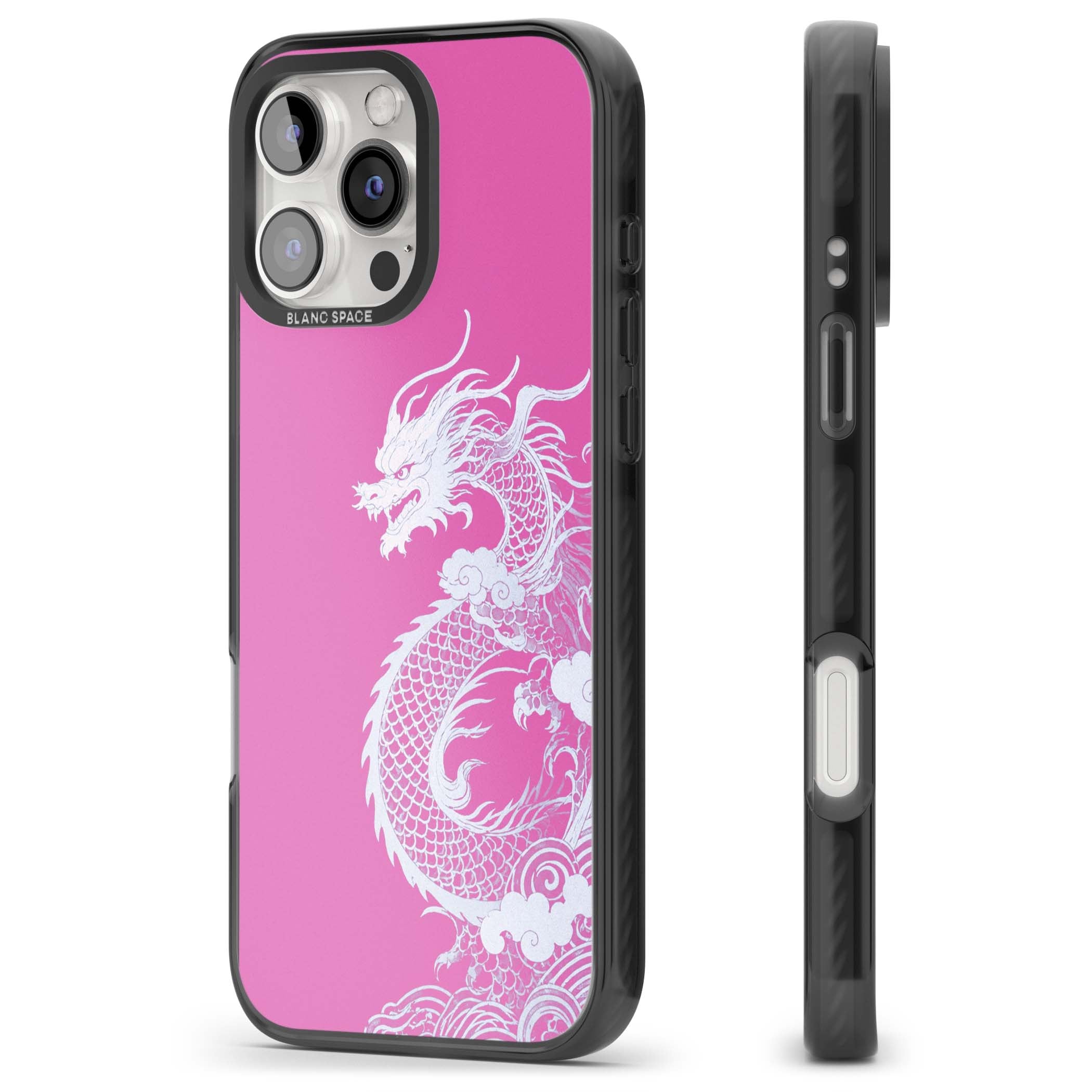 Pink Empress chinese dragon iPhone case featuring a white dragon, swirling clouds and pink dragon wallpaper backdrop | Black Impact case for iPhone 16 Pro, iPhone 16 Pro Max