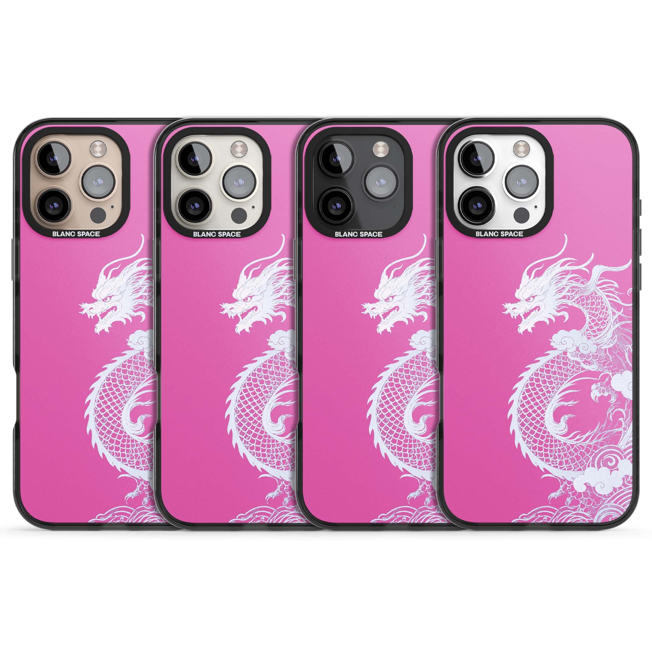 Pink Empress chinese dragon iPhone case featuring a white dragon, swirling clouds and pink dragon wallpaper backdrop | Black Impact case for iPhone 16 Pro, iPhone 16 Pro Max