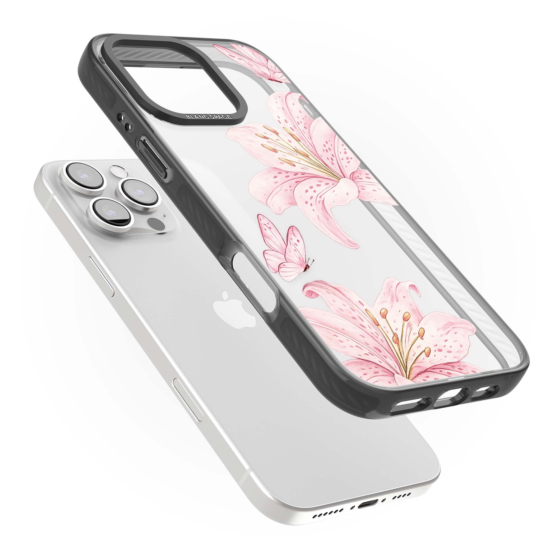 Lily Whisper floral iPhone case featuring pink watercolour lilies and delicate butterflies on a clear background | Black Impact case for iPhone 16 Pro, iPhone 16 Pro Max