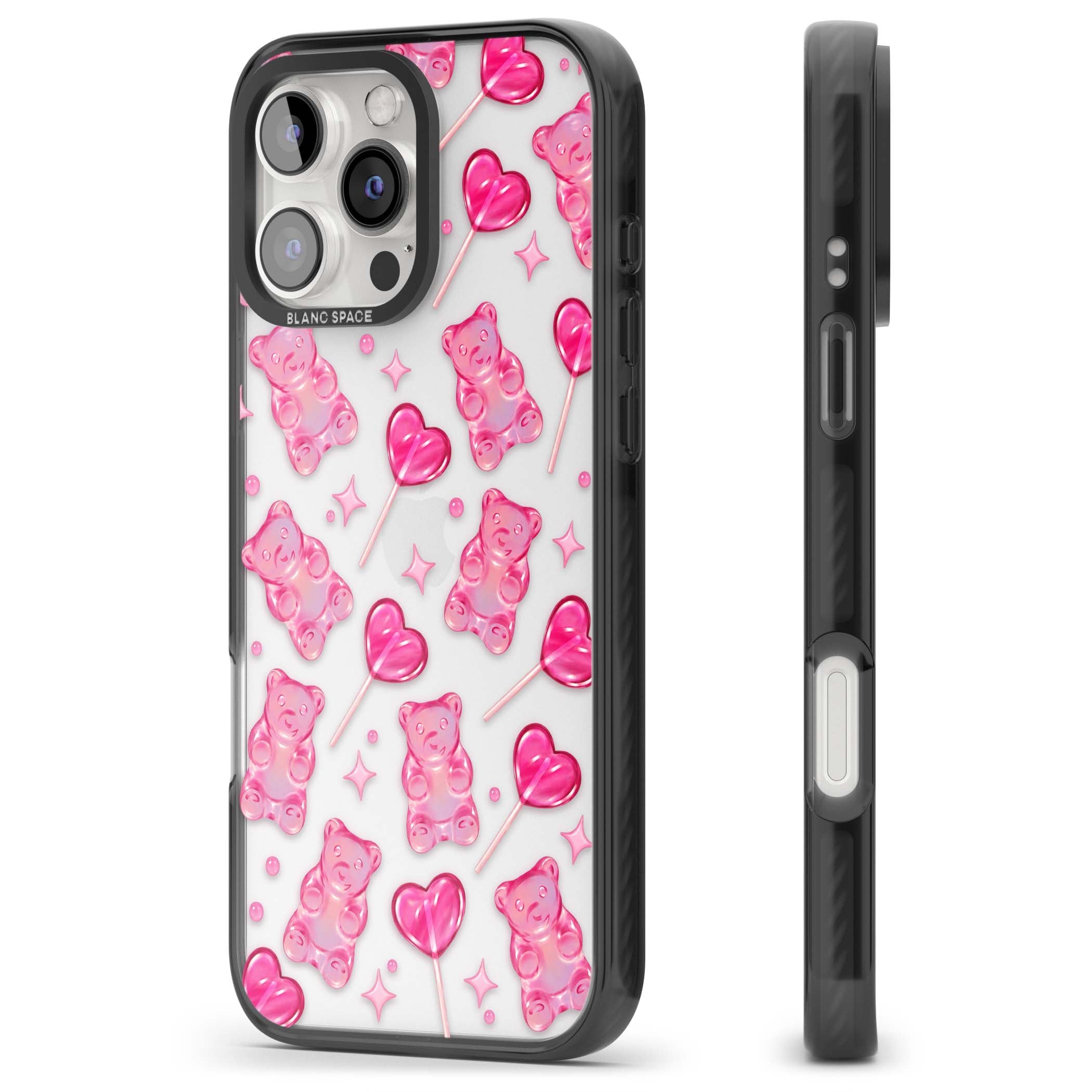 Pink Sugar pinkcore iPhone case featuring pink gummy bears, heart-shaped lollipops and sparkle stars | Black Impact case for iPhone 16 Pro, iPhone 16 Pro Max