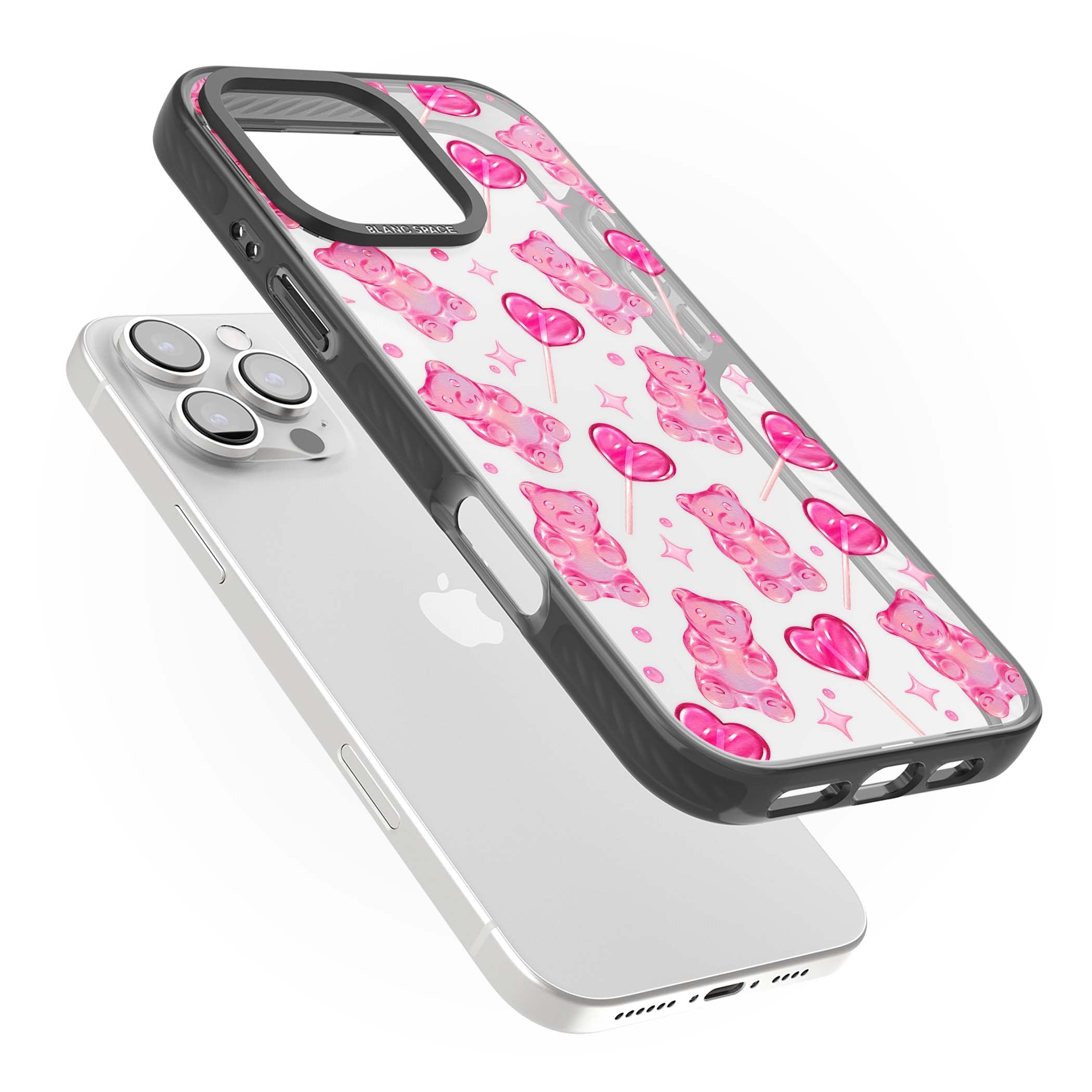 Pink Sugar pinkcore iPhone case featuring pink gummy bears, heart-shaped lollipops and sparkle stars | Black Impact case for iPhone 16 Pro, iPhone 16 Pro Max