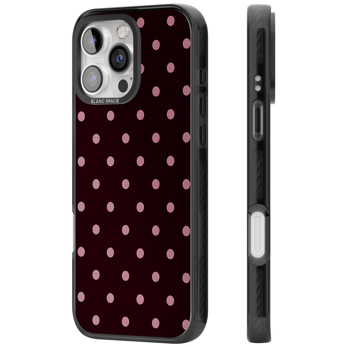 Merlot Dots polka dot iPhone case featuring dusty pink spots on a deep burgundy background in a retro grid iPhone 16 Pro / iPhone 16 Pro Max Impact Black Phone Case side