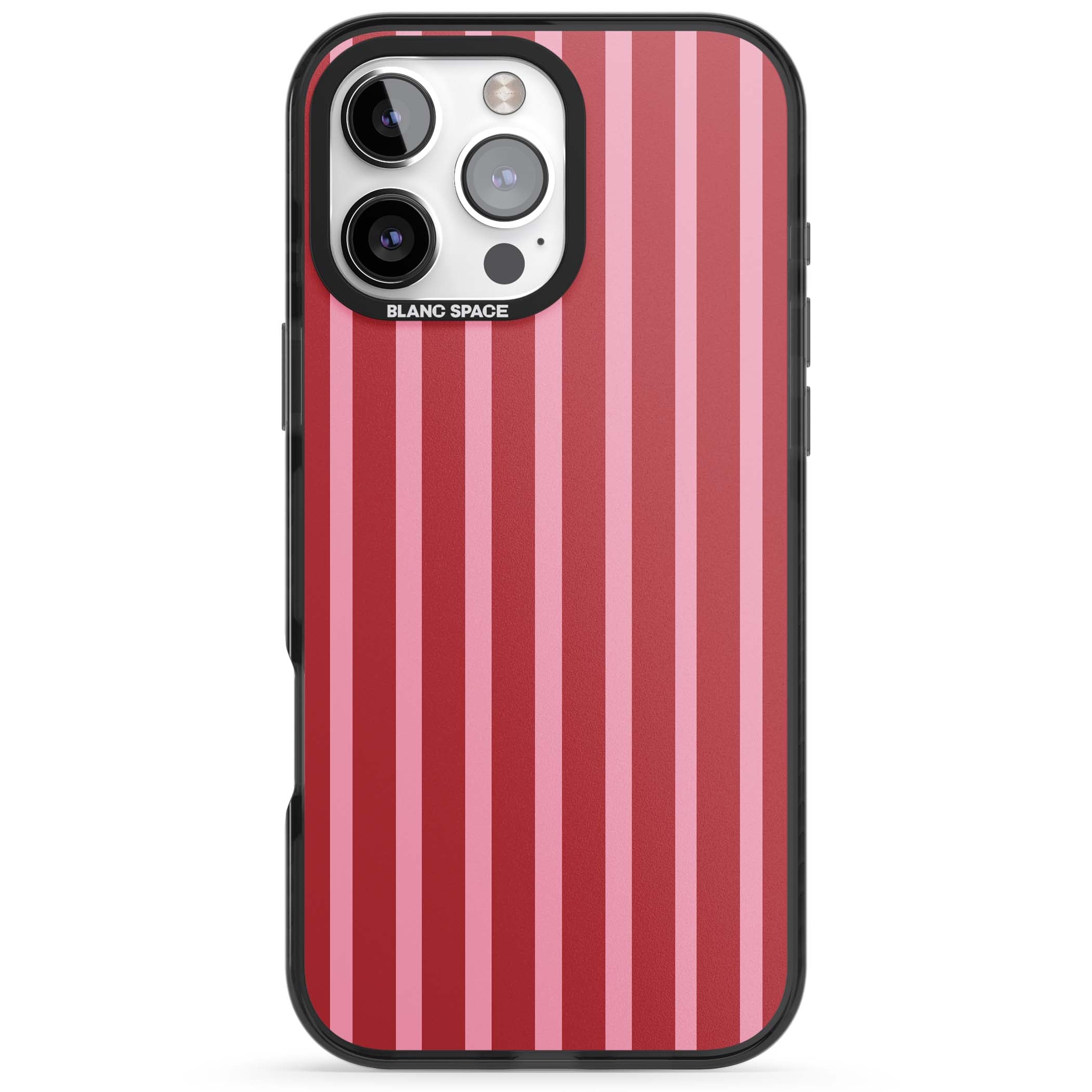 Raspberry Stripe coquette iPhone case featuring red and pink vertical stripes in a candy-inspired pattern | Black Impact case for iPhone 16 Pro, iPhone 16 Pro Max