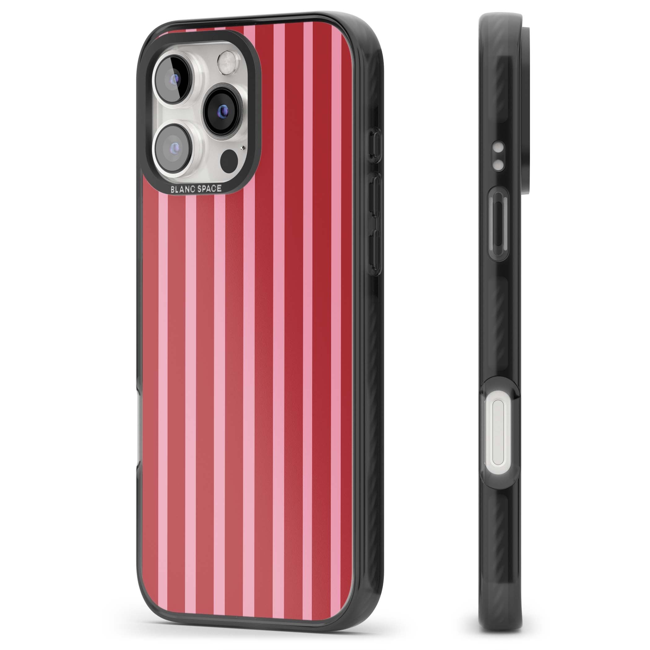 Raspberry Stripe coquette iPhone case featuring red and pink vertical stripes in a candy-inspired pattern | Black Impact case for iPhone 16 Pro, iPhone 16 Pro Max