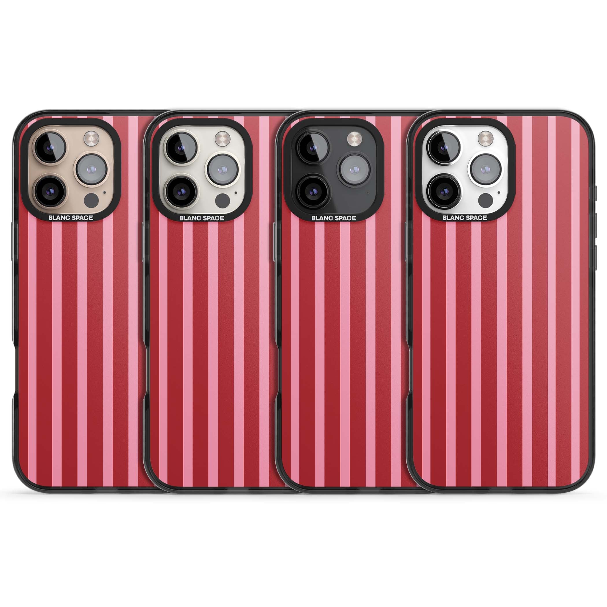 Raspberry Stripe coquette iPhone case featuring red and pink vertical stripes in a candy-inspired pattern | Black Impact case for iPhone 16 Pro, iPhone 16 Pro Max
