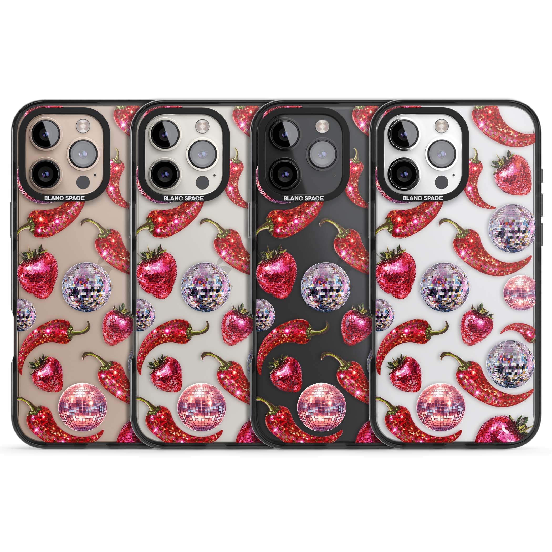 Spicy Disco Y2K iPhone case featuring glitter disco balls, sparkly strawberries and red chilli peppers | Black Impact case for iPhone 16 Pro, iPhone 16 Pro Max