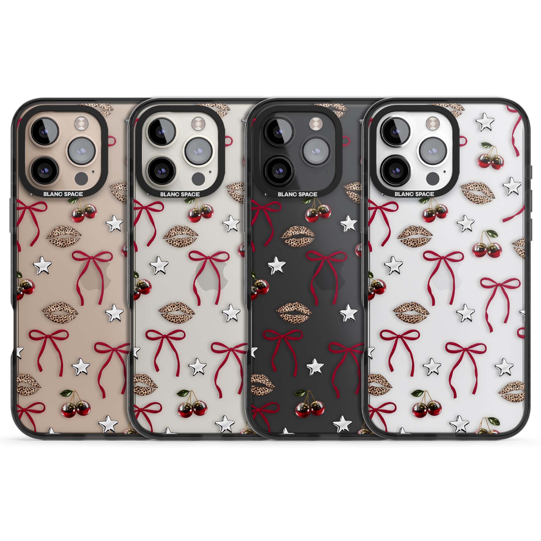 Starlet coquette iPhone case featuring red ribbon bows, disco cherries and leopard-print lips | Black Impact case for iPhone 16 Pro, iPhone 16 Pro Max