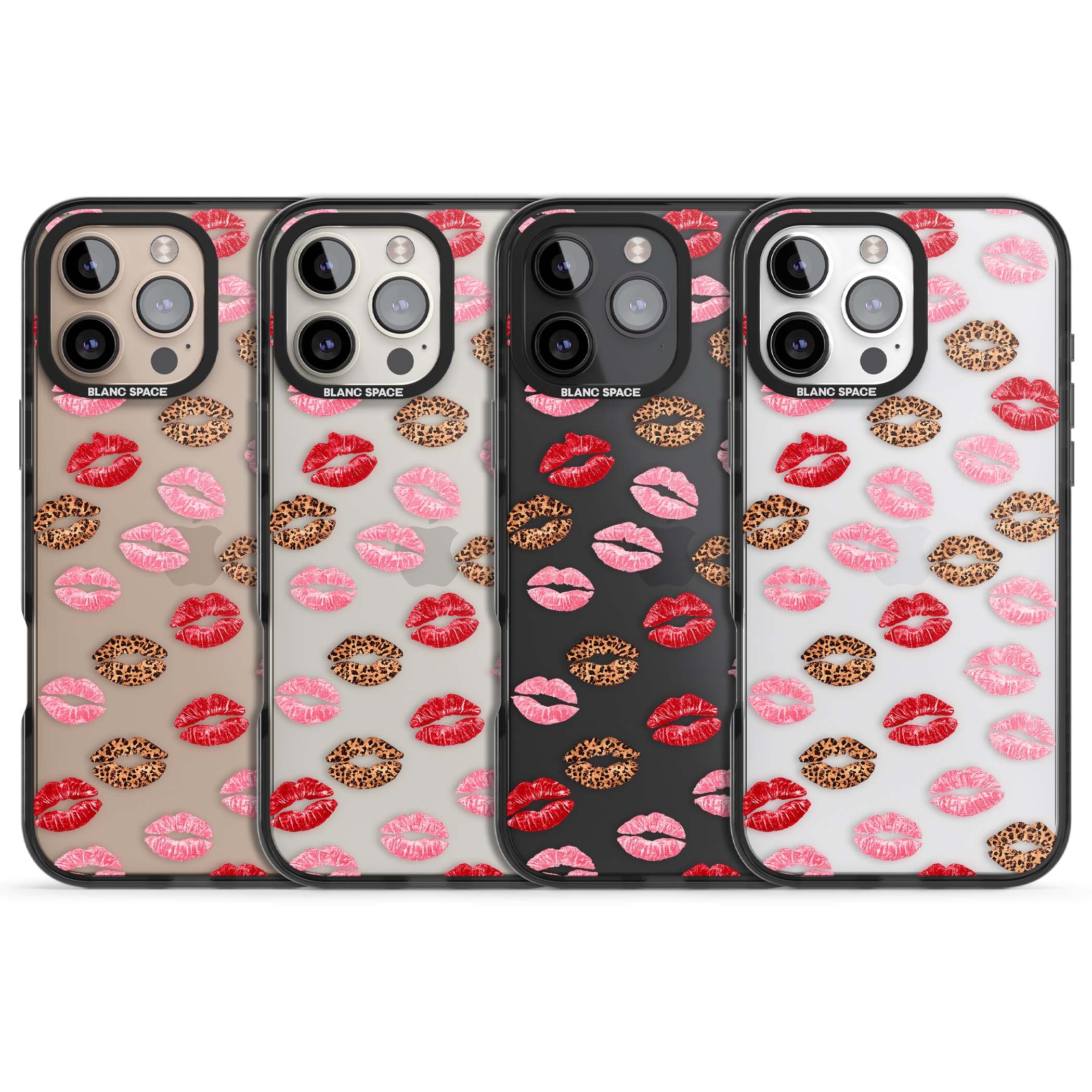 Wild Kisses coquette iPhone case featuring red, pink and leopard print lipstick kiss marks on a clear background | Black Impact case for iPhone 16 Pro, iPhone 16 Pro Max