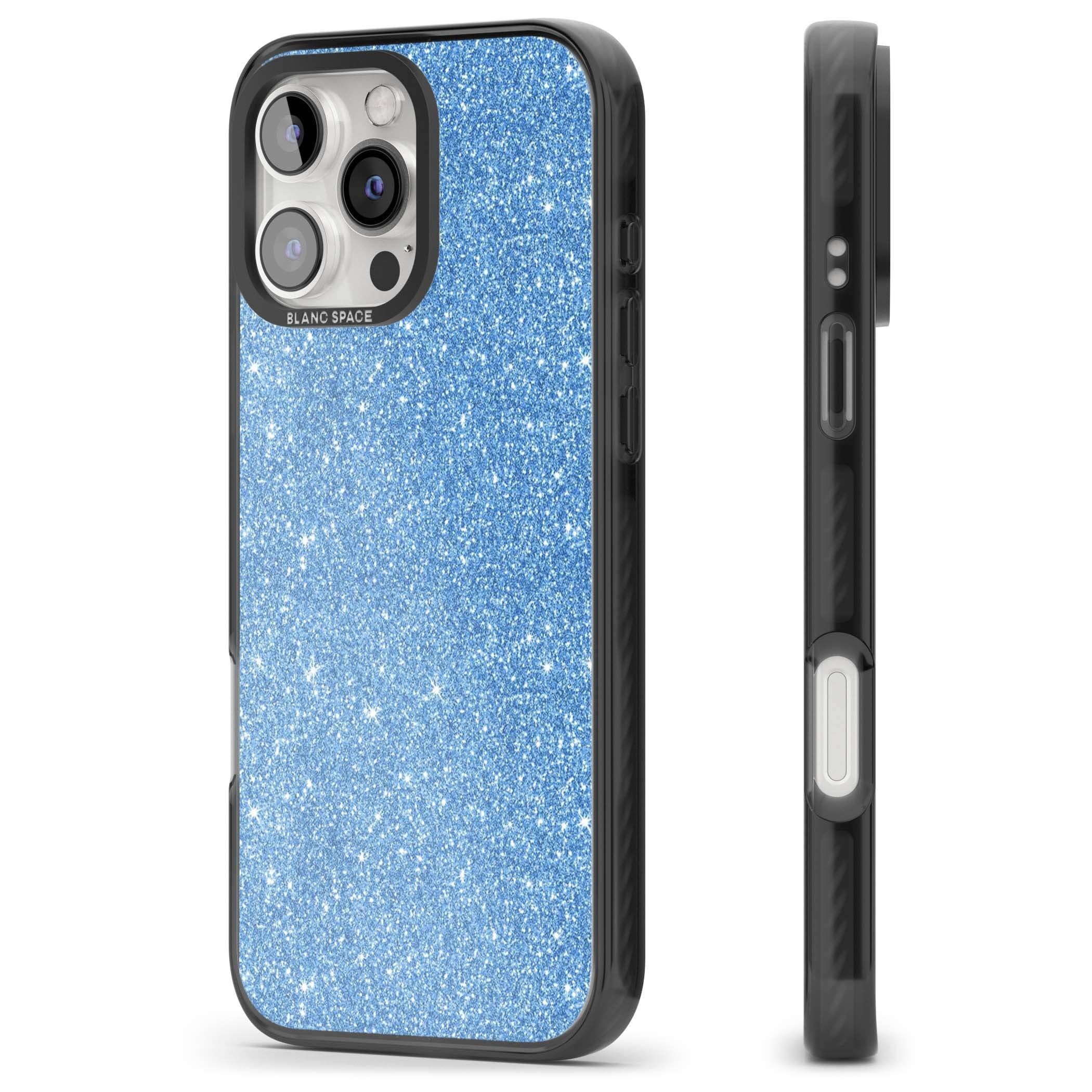 Blue Glitter blue glitter iPhone case featuring dense sparkling cerulean glitter with a glamorous shimmering finish | Black Impact case for iPhone 16 Pro, iPhone 16 Pro Max