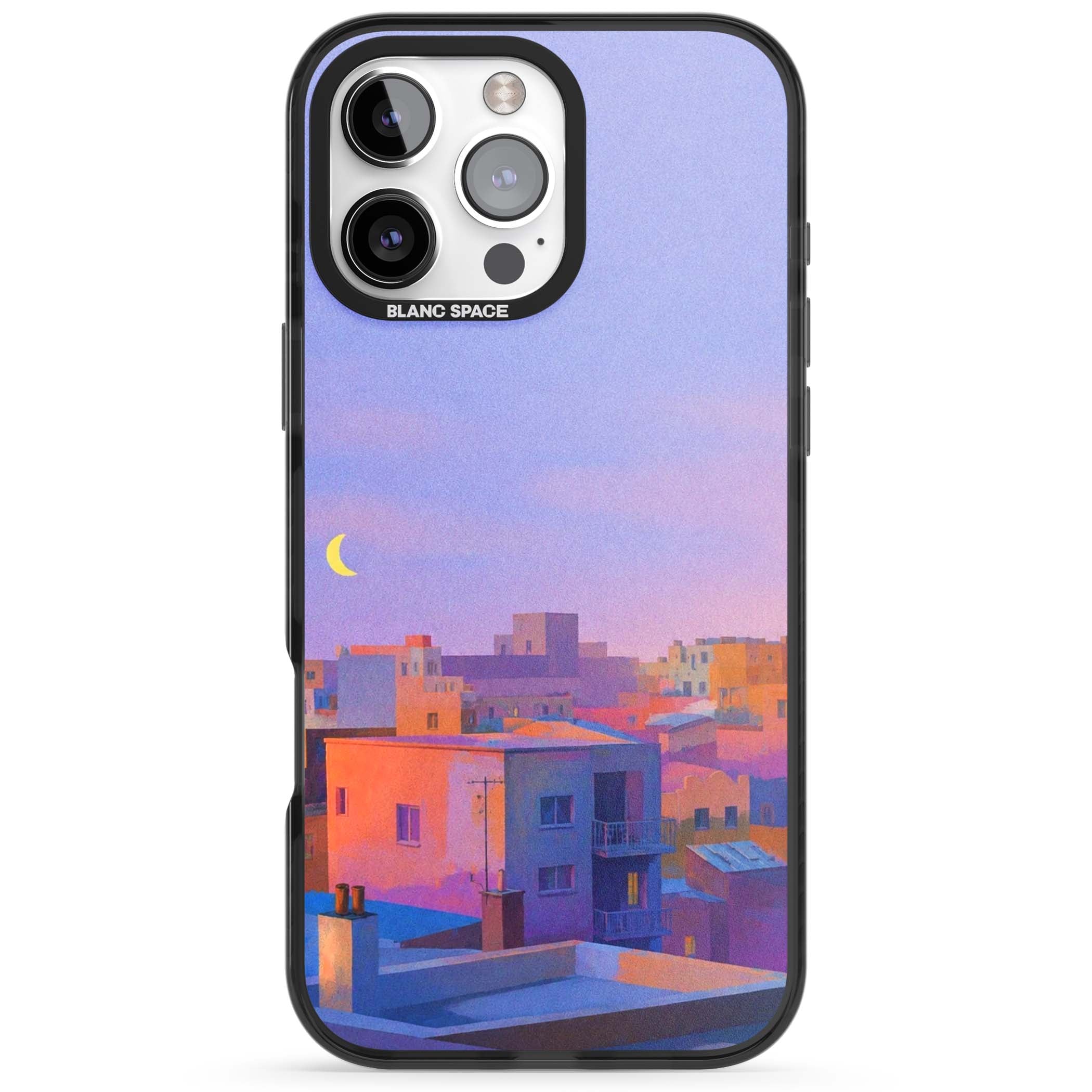 Twilight Rooftops vaporwave iPhone case featuring a pastel sunset cityscape, painted rooftops and a crescent moon. | Black Impact case for iPhone 16 Pro, iPhone 16 Pro Max