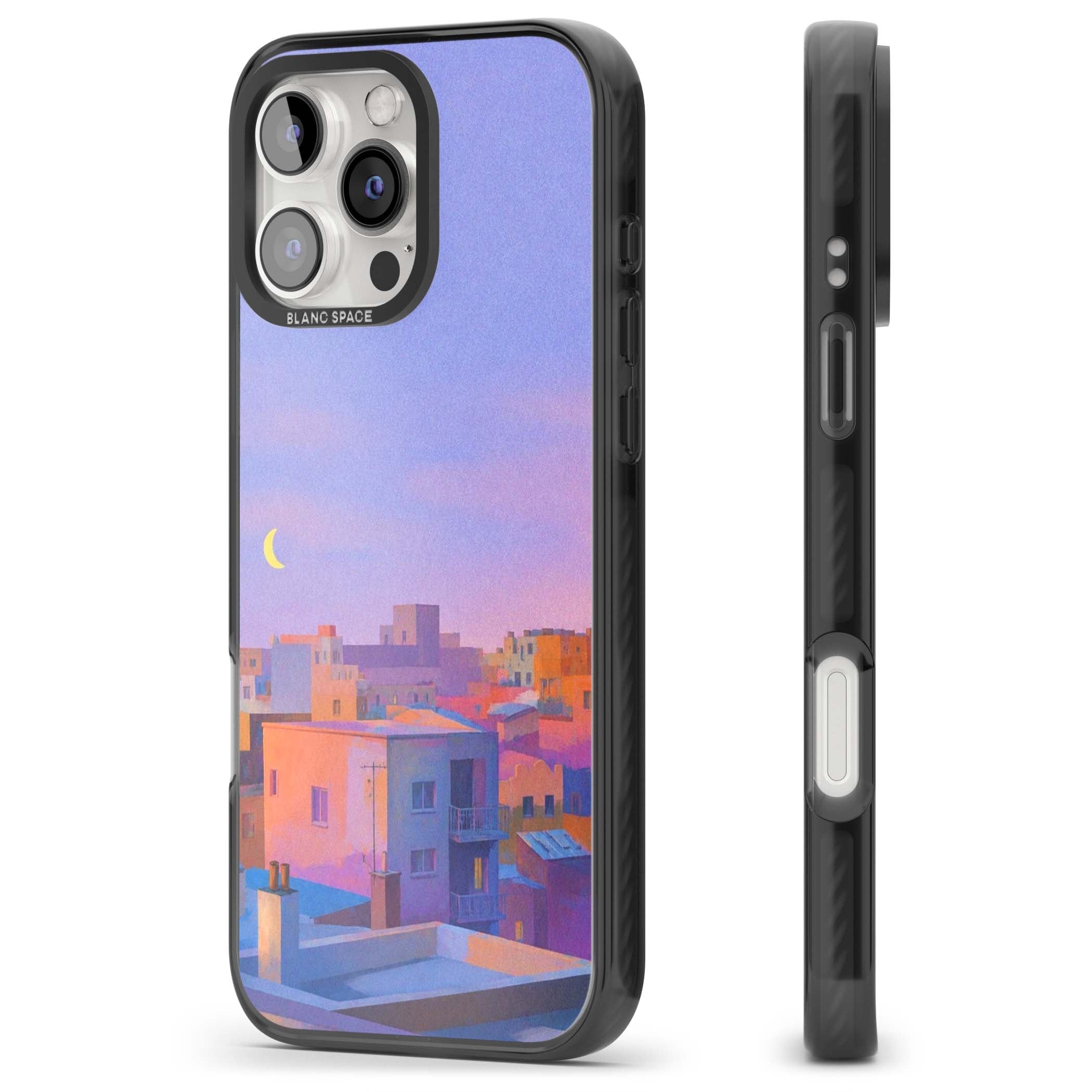 Twilight Rooftops vaporwave iPhone case featuring a pastel sunset cityscape, painted rooftops and a crescent moon. | Black Impact case for iPhone 16 Pro, iPhone 16 Pro Max