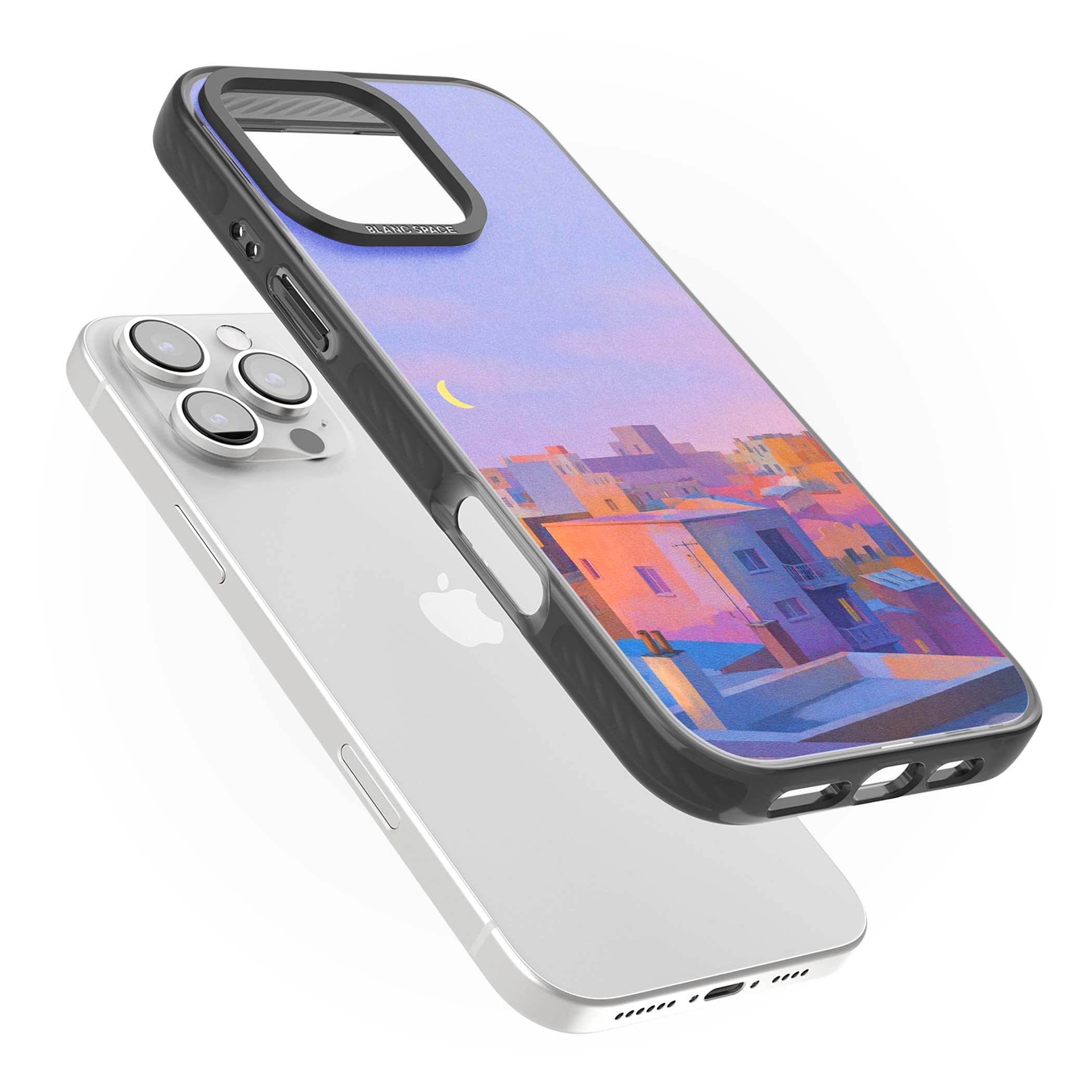 Twilight Rooftops vaporwave iPhone case featuring a pastel sunset cityscape, painted rooftops and a crescent moon. | Black Impact case for iPhone 16 Pro, iPhone 16 Pro Max